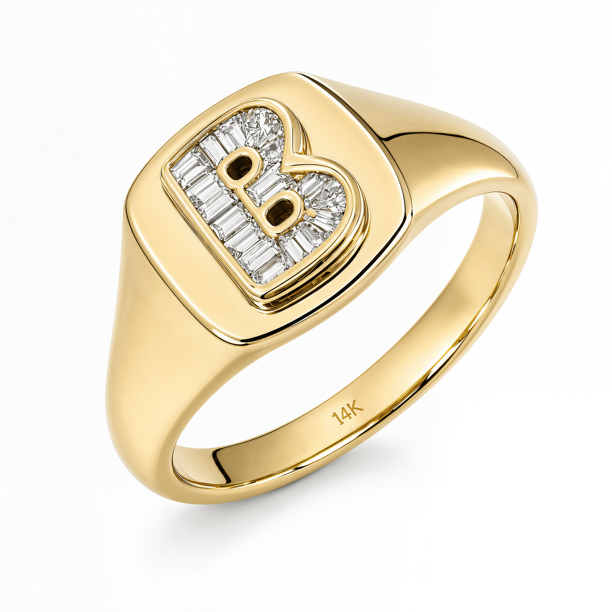 Baguette Diamond Initial Signet Ring featuring a gold band with a diamond-studded letter B.