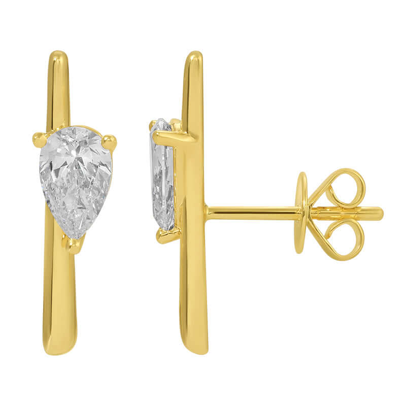 Lab Diamond Bar Stud Earrings featuring pear shaped diamonds set in sleek 14k gold by Izakov Fine Jewelry, Miami.