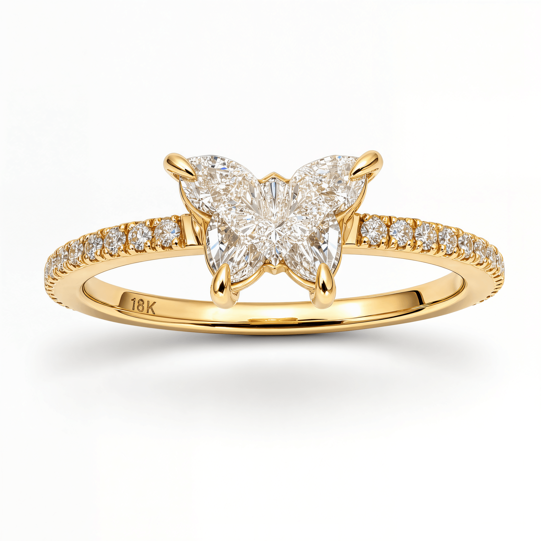 Solid Butterfly Shaped Diamond Pave Ring featuring a stunning 0.71 carat butterfly diamond and 18k gold setting.