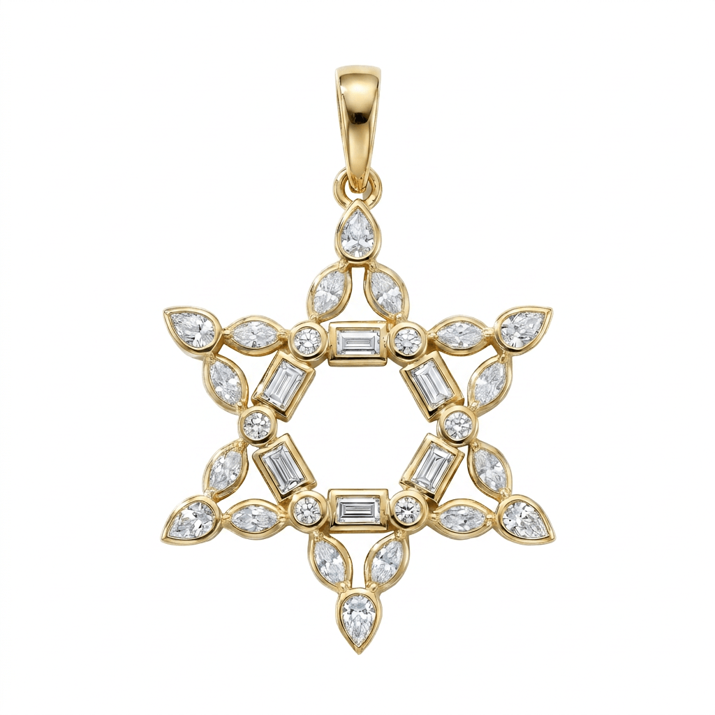Multi Shape Diamond Star of David Pendant in 14K Gold featuring marquise, baguette, and round diamonds.