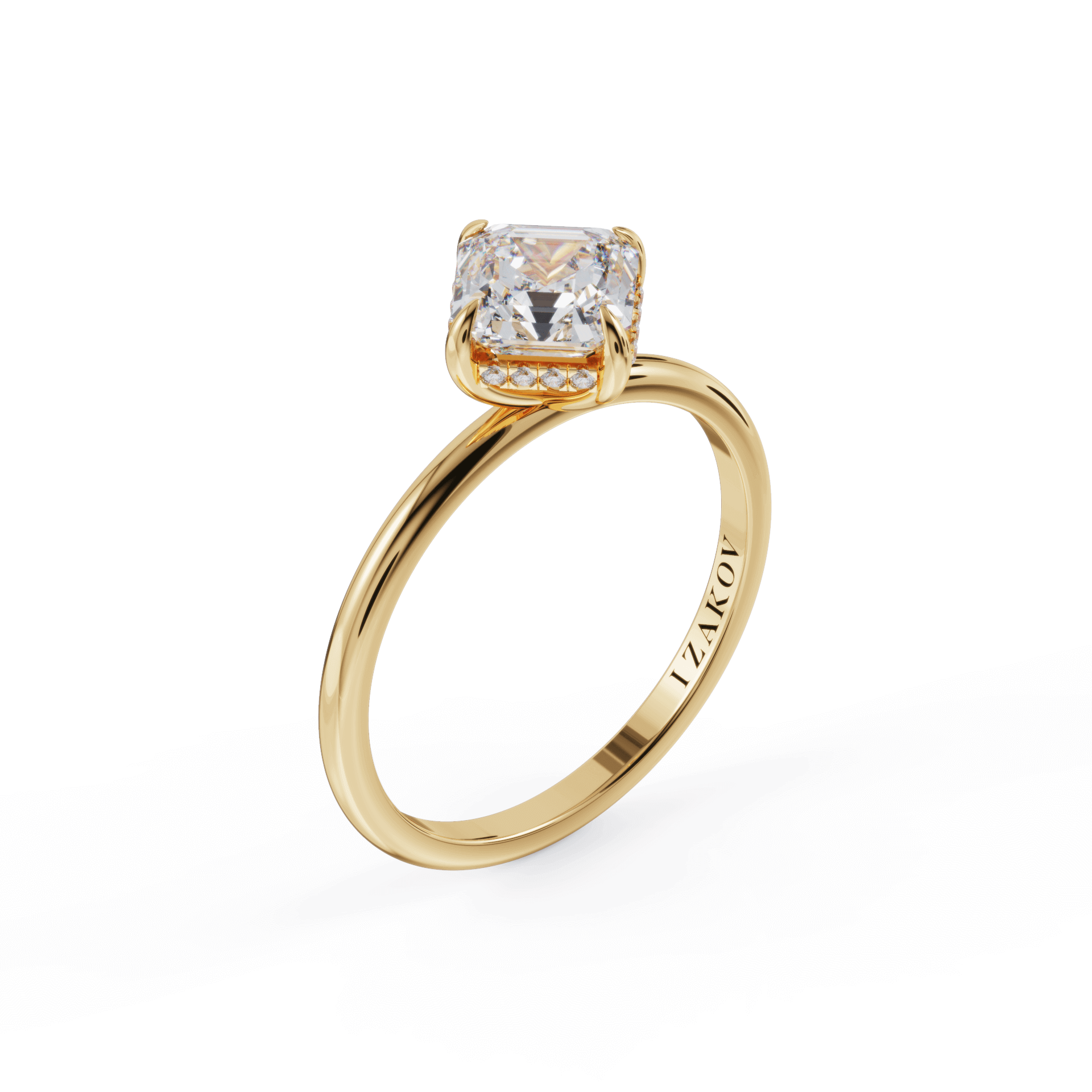 Elegant gold engagement ring with stunning solitaire diamond by Izakov jewelry brand, perfect for special occasions.