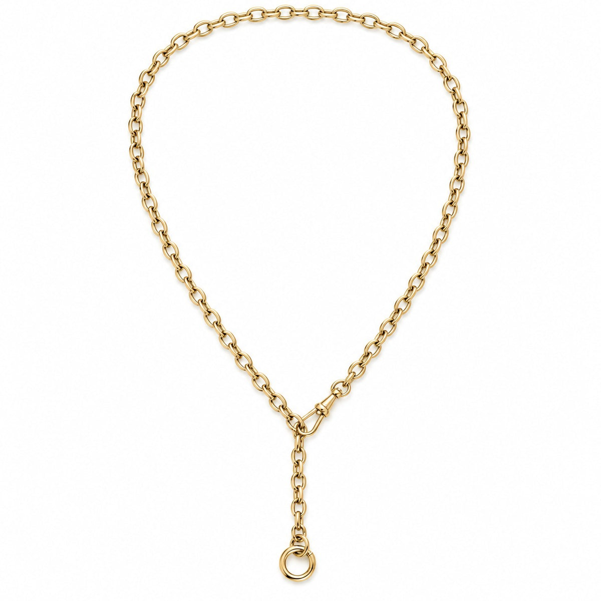 Oval rolo link gold chain necklace clipped into a Y-shape with the swivel clasp