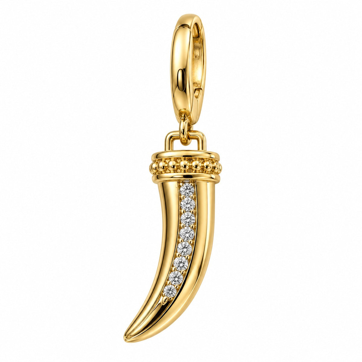 Pave diamond horn charm in 14k yellow gold with a clip bail