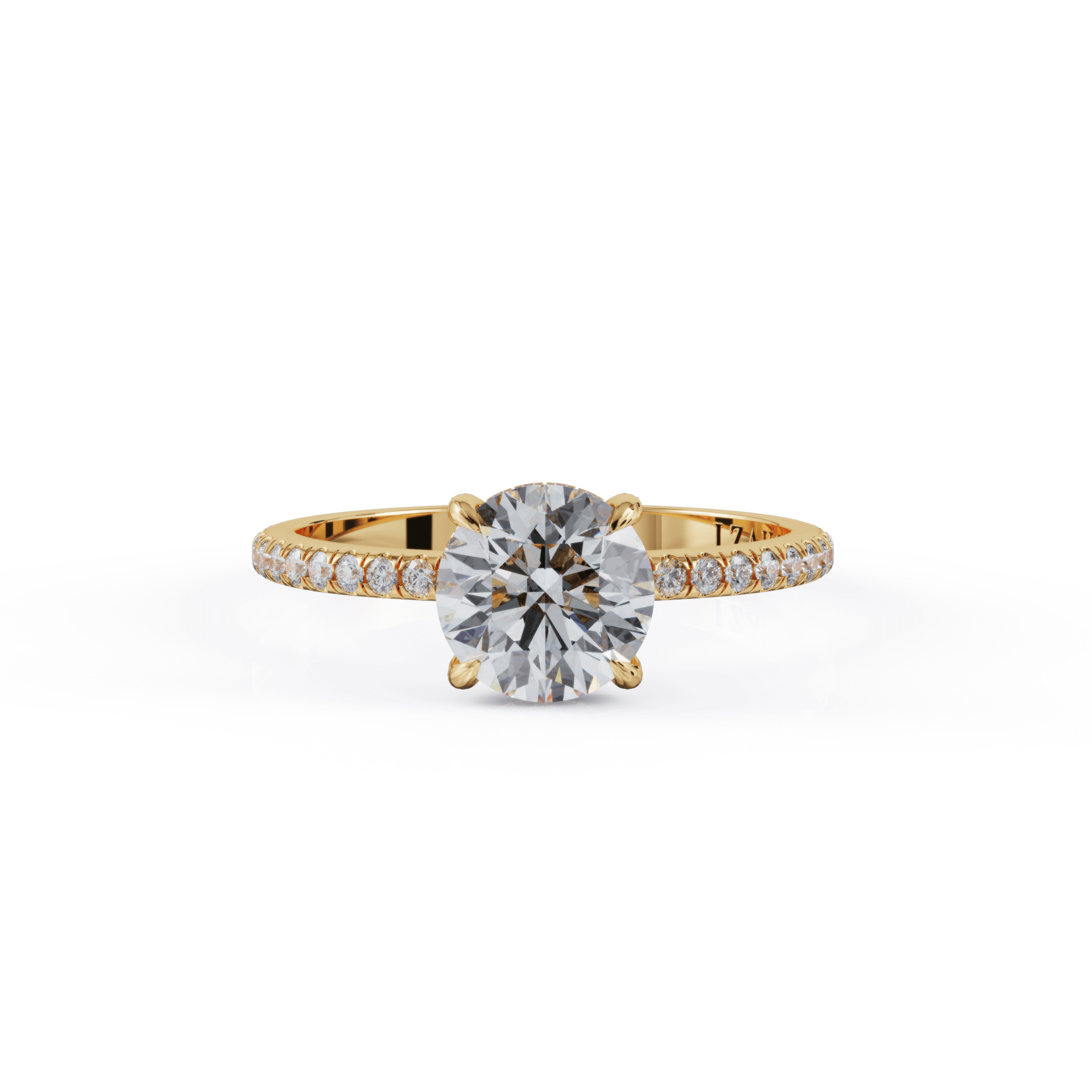 Elegant gold engagement ring with a round-cut diamond center and pave diamond band from our luxurious jewelry collection.