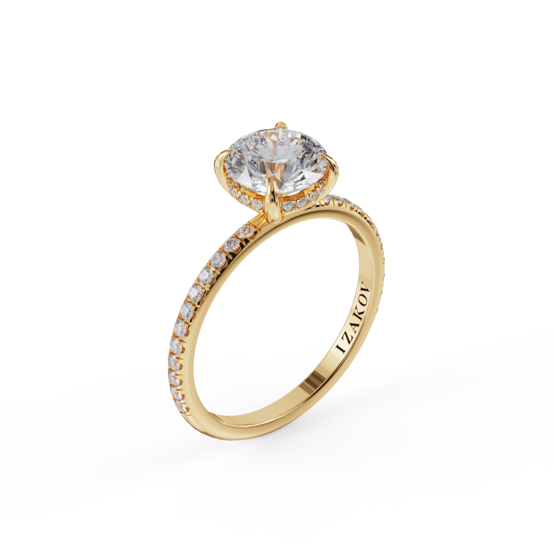 Gold engagement ring with diamond halo and pave band from IZAKOV Jewelry Collection