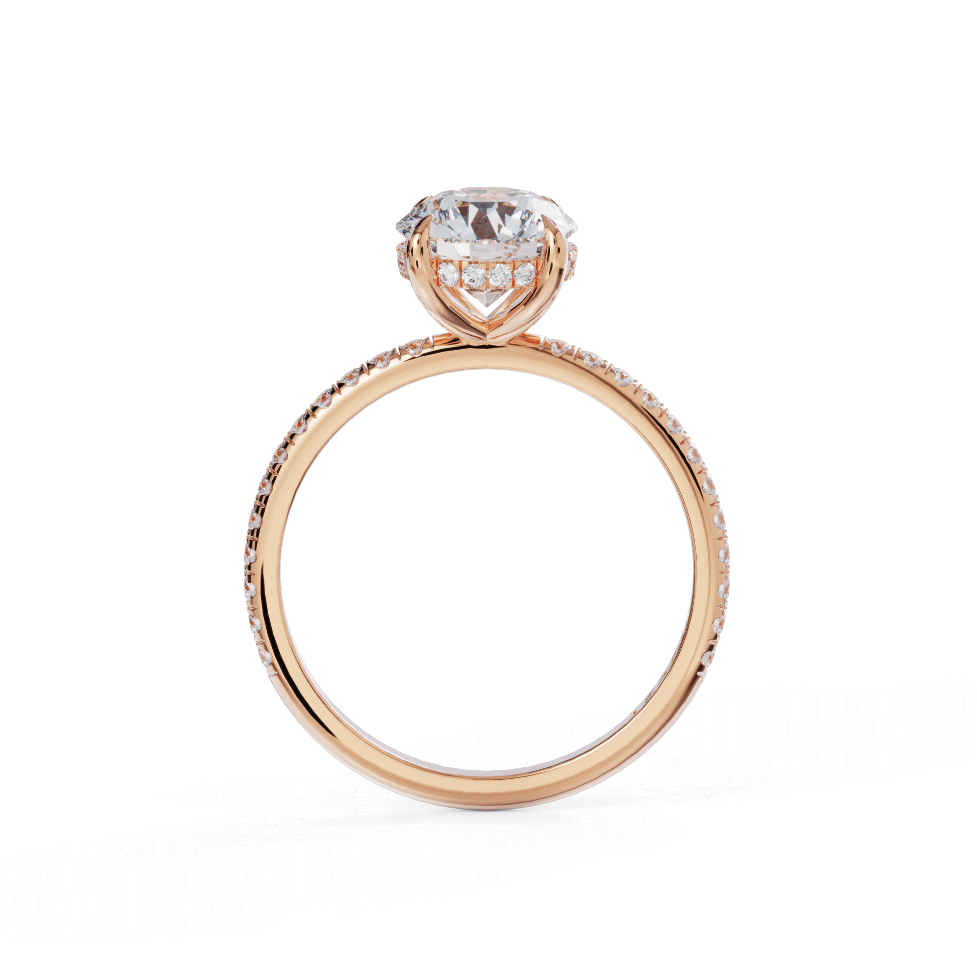 Rose gold engagement ring with a large round diamond and intricate band detail from our luxury jewelry collection.
