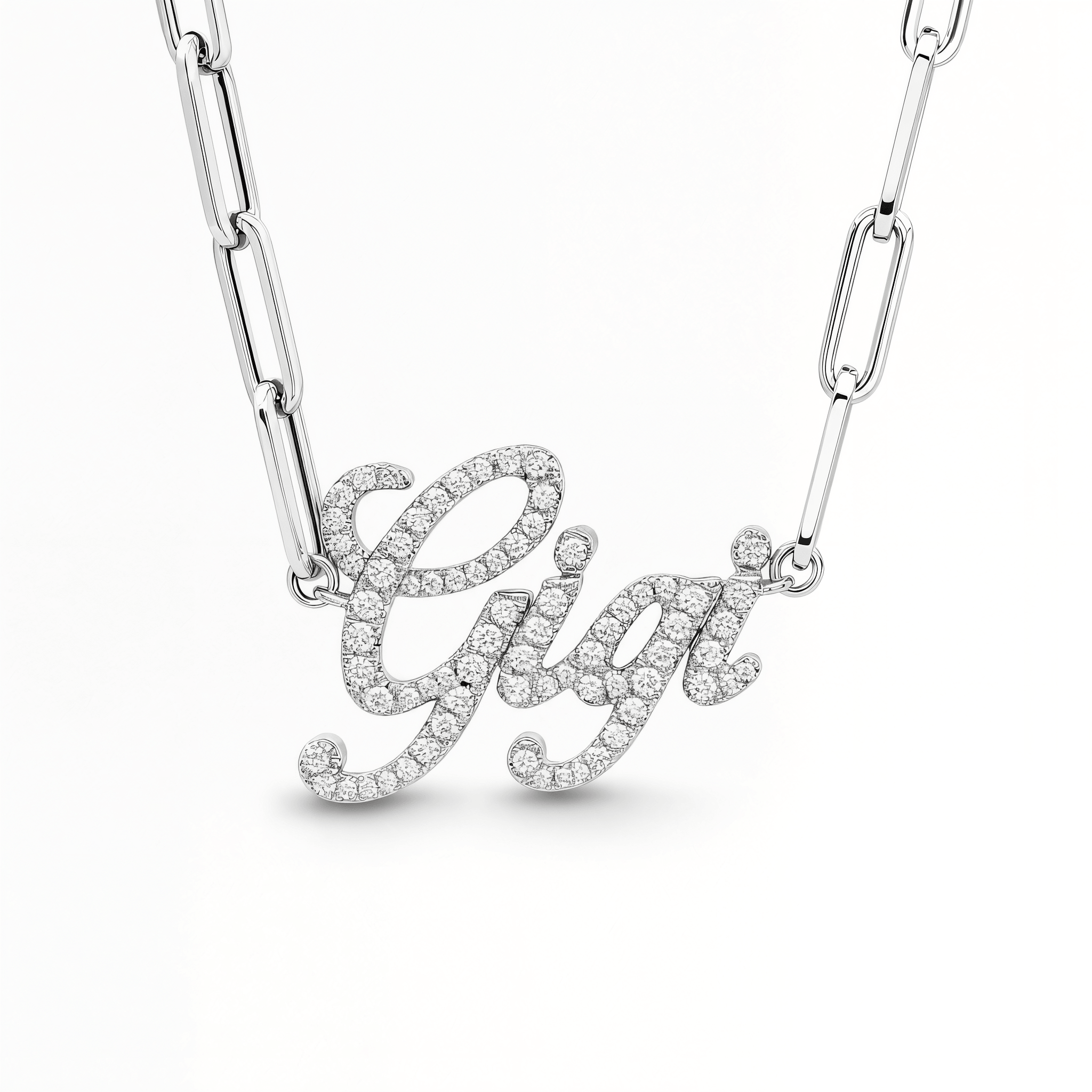 Personalized Script Nameplate Diamond Necklace with sparkling diamonds spelling 'Gigi' on a chain.