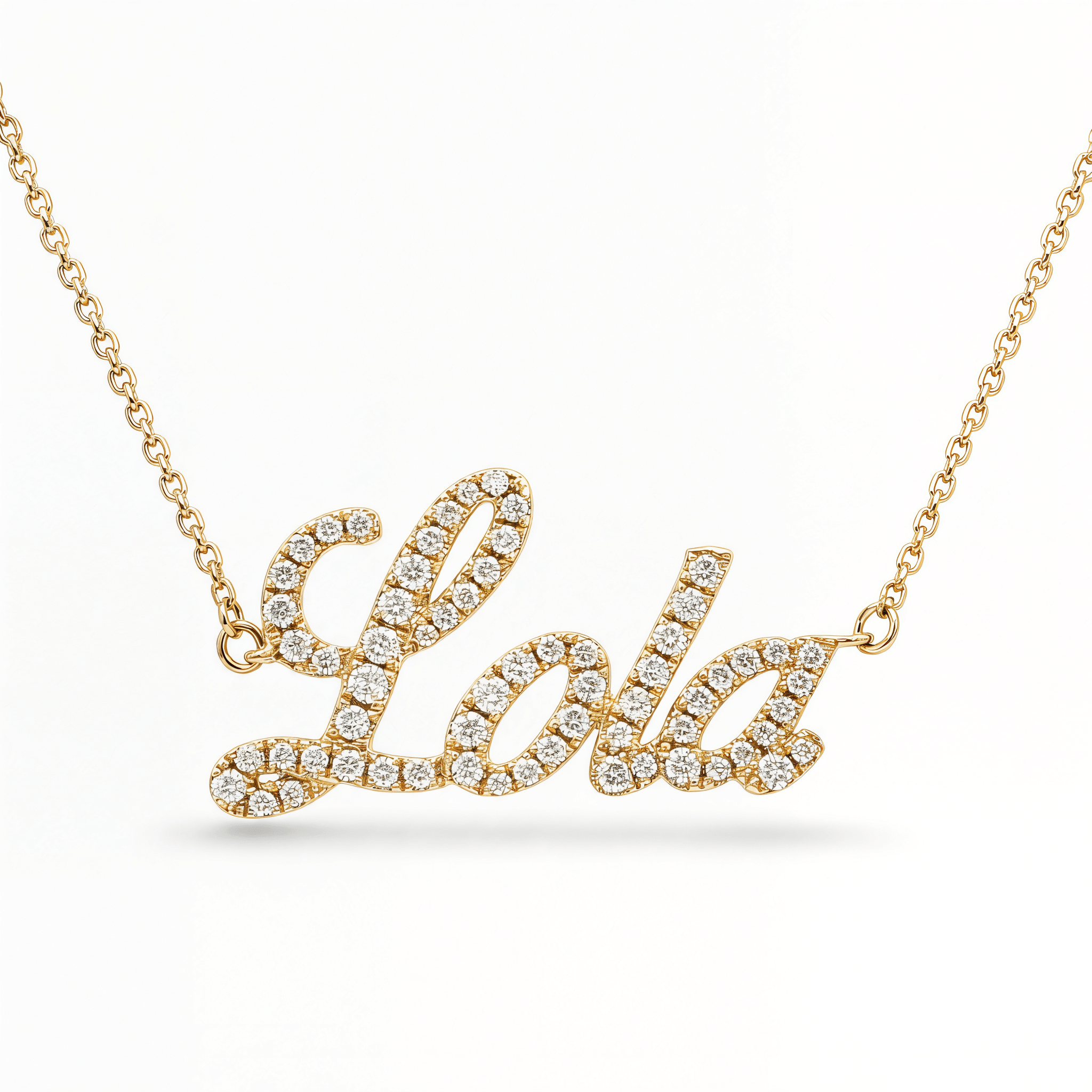 Personalized Script Nameplate Diamond Necklace featuring the name 'Lola' in sparkling diamonds.
