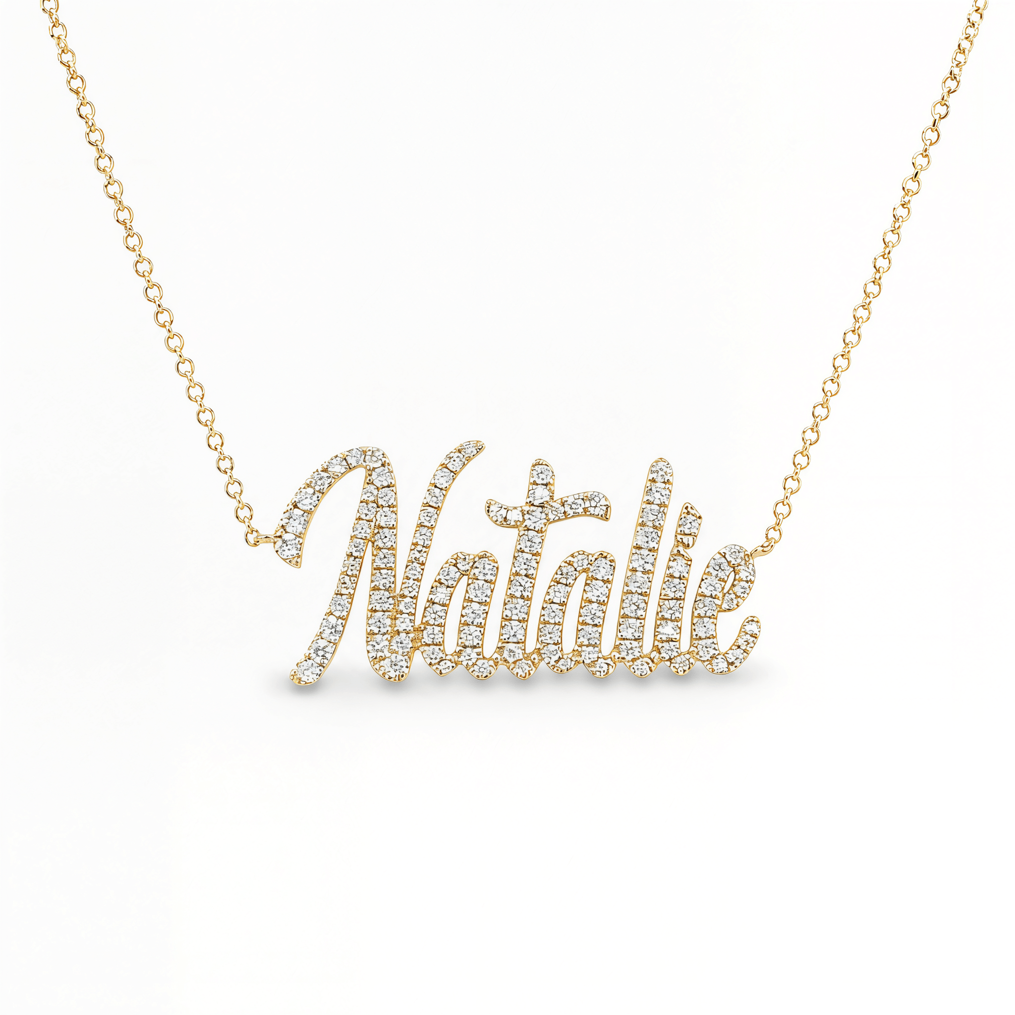 Personalized Script Nameplate Diamond Necklace with the name Natalie in sparkling diamonds.