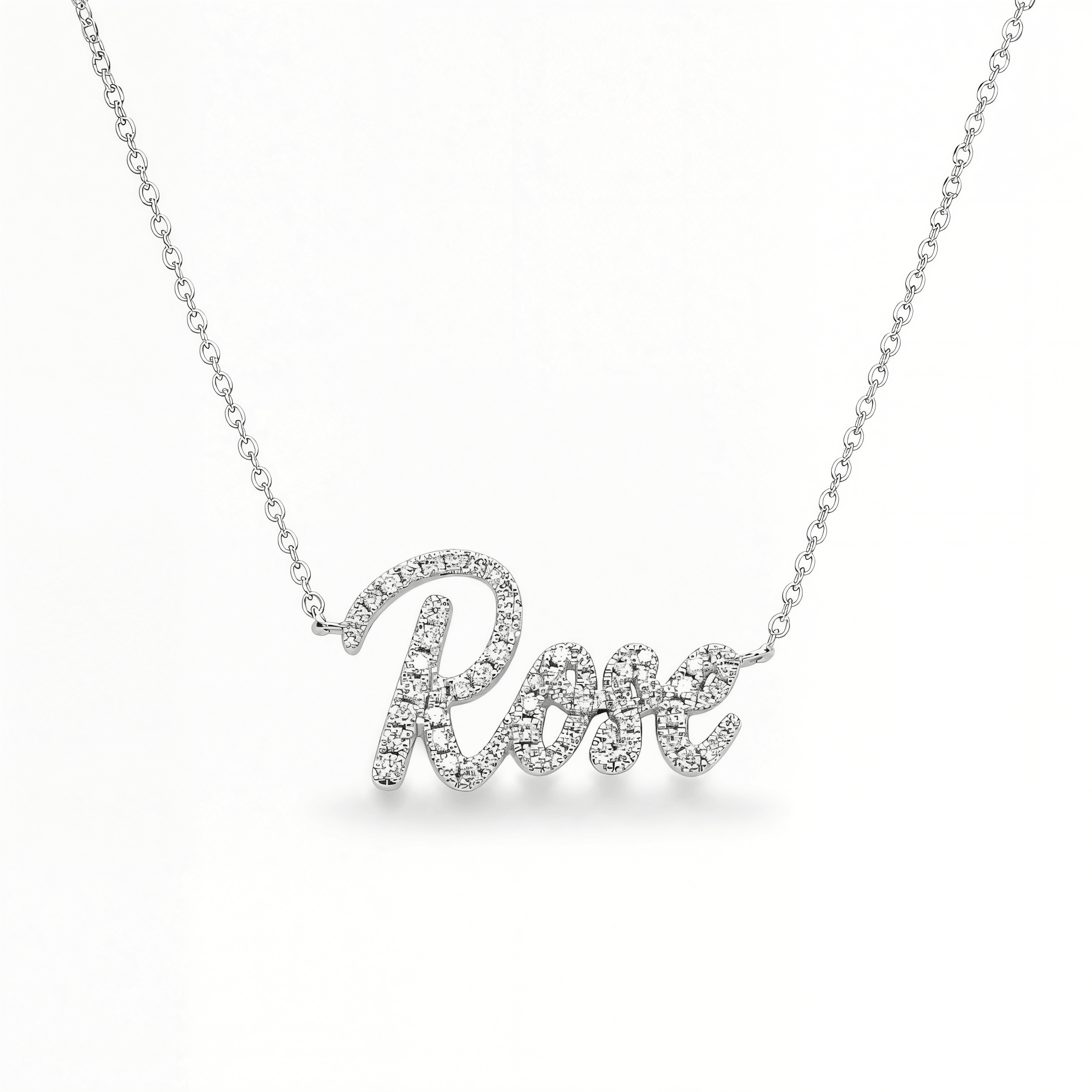 Personalized Script Nameplate Diamond Necklace featuring the name Rose in sparkling diamonds
