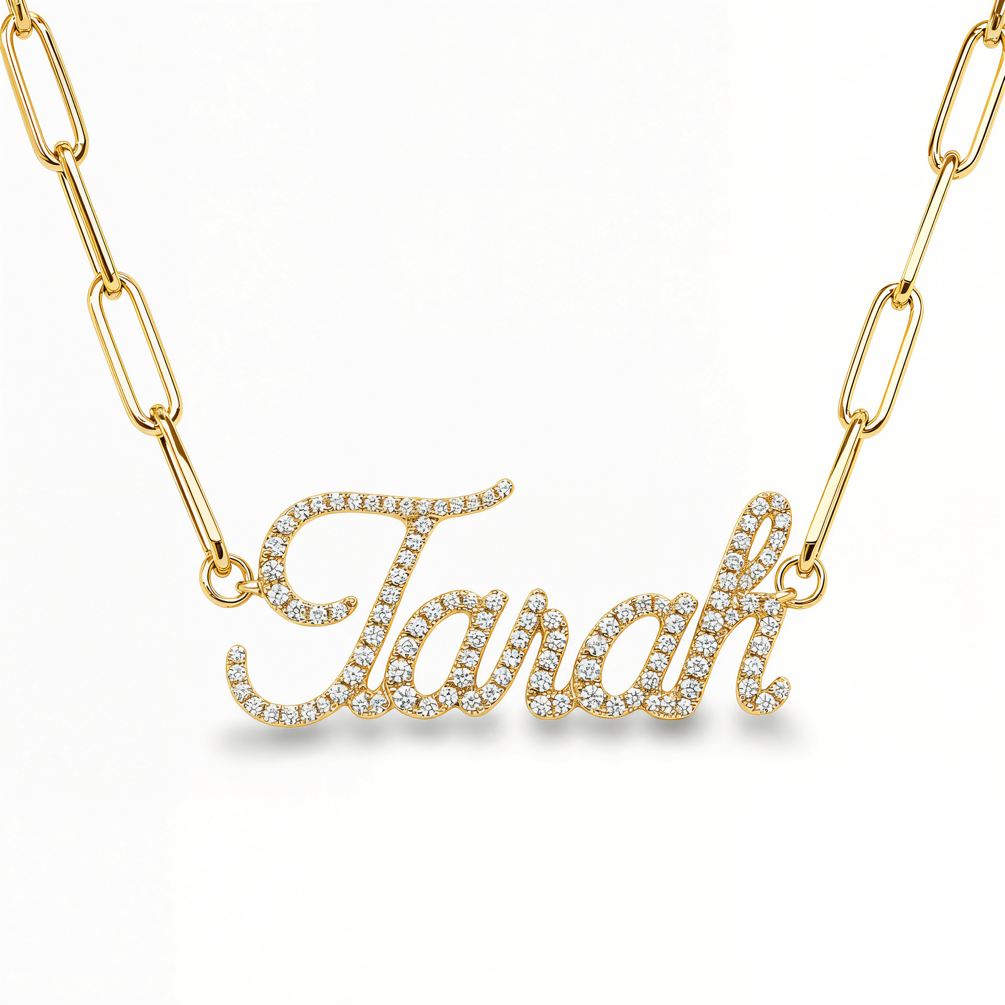 Personalized Script Nameplate Diamond Necklace with sparkling letters in gold and diamonds.