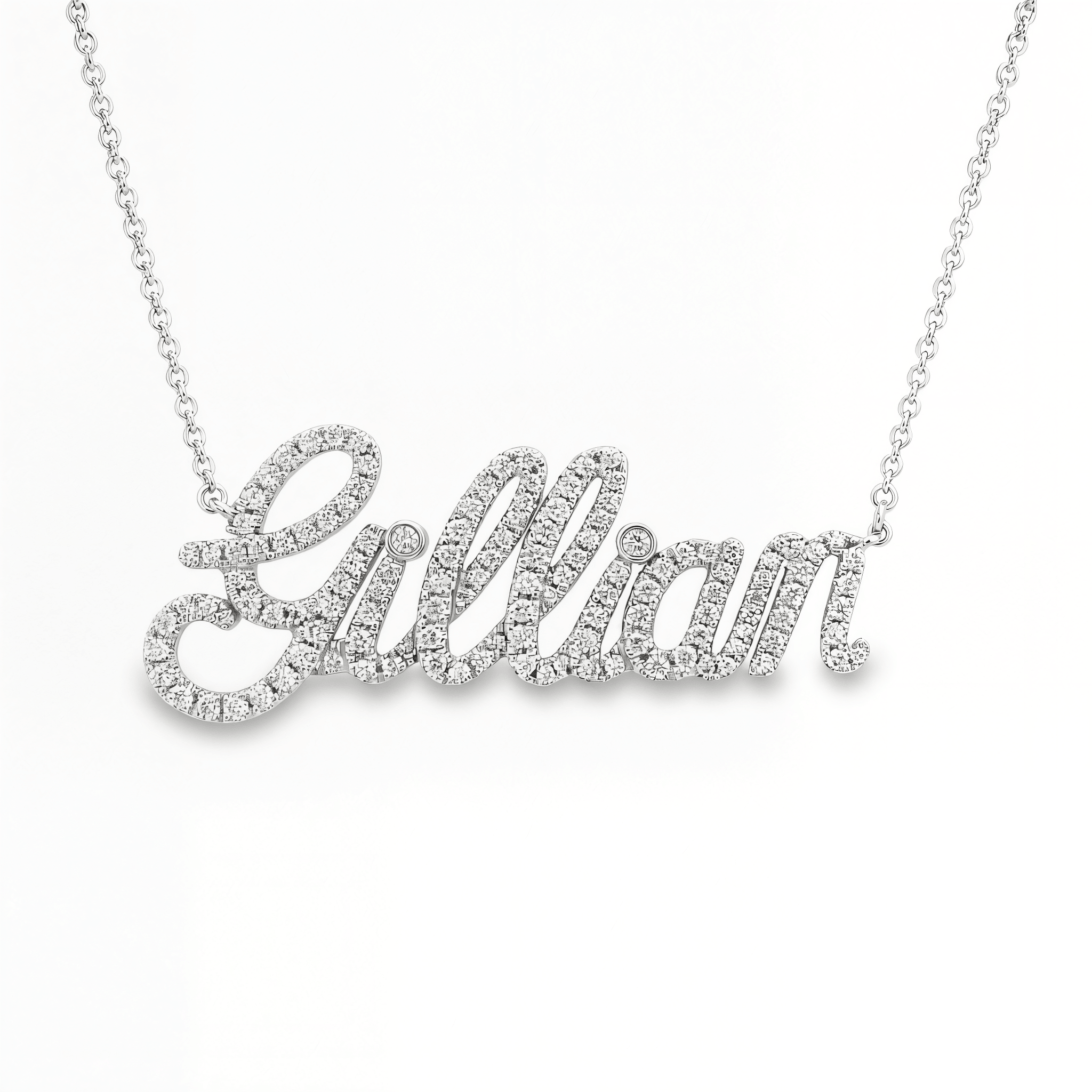 Personalized Script Nameplate Diamond Necklace personalized with the name Gillian in sparkling diamonds.