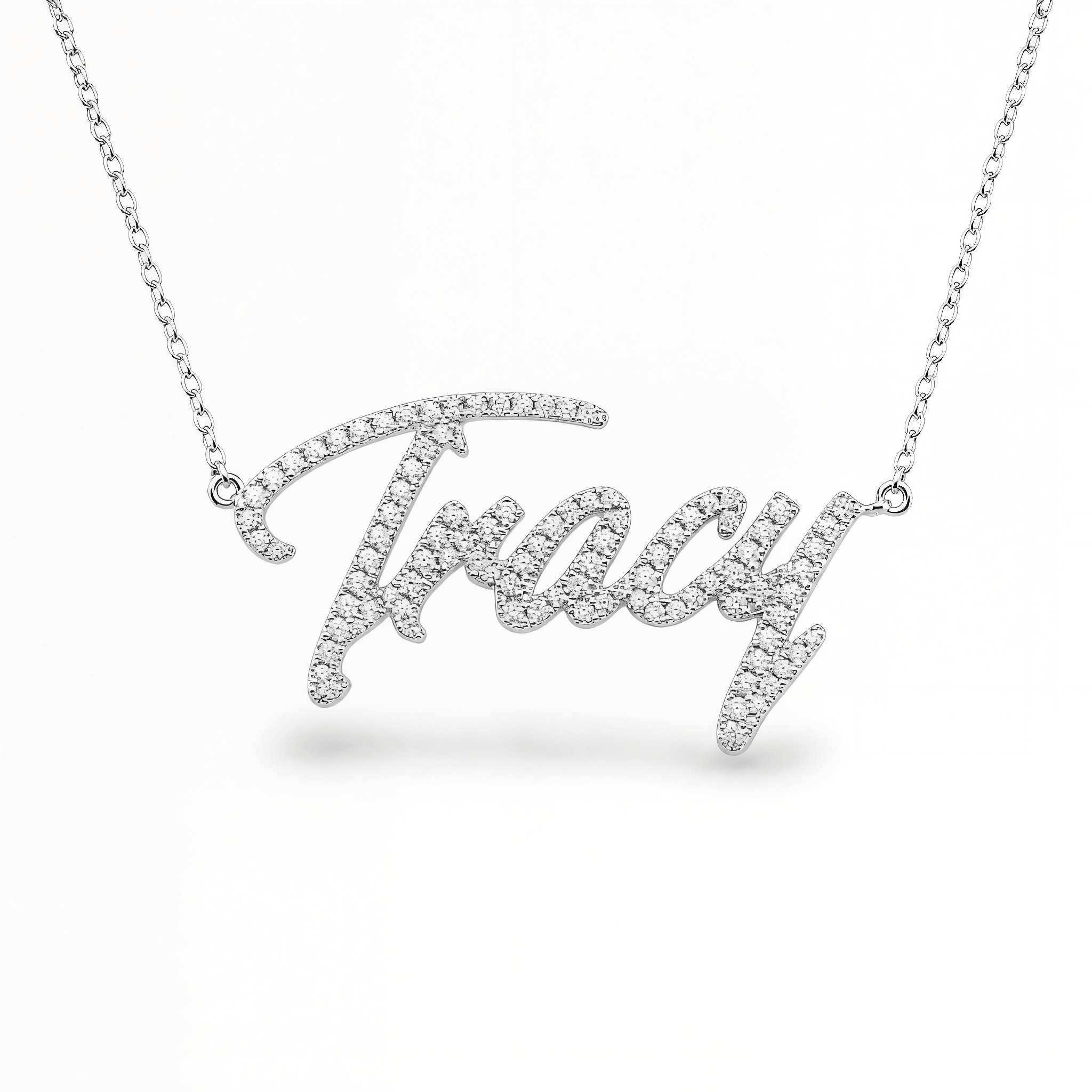 Personalized Script Nameplate Diamond Necklace featuring the name 'Tracy' in sparkling diamonds.