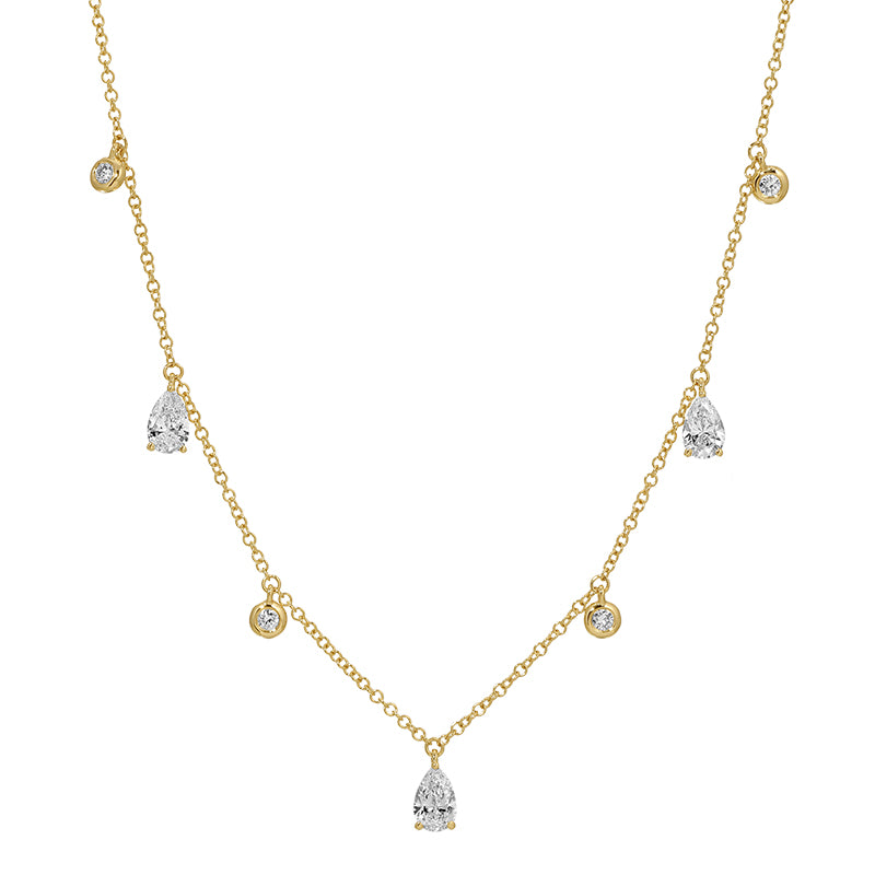 Pear and round lab diamond dangle necklace in 14k yellow gold