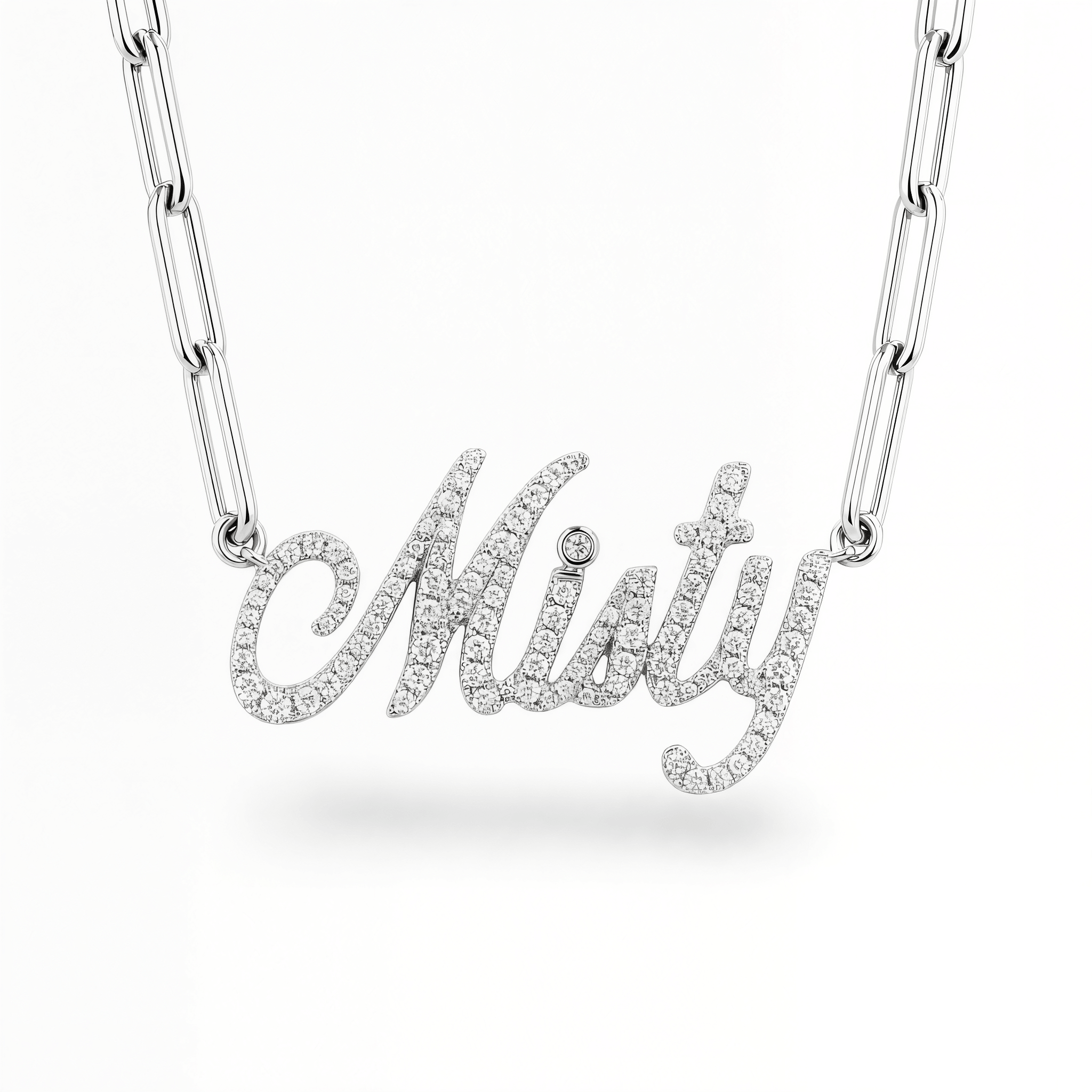 Personalized Script Nameplate Diamond Necklace featuring the name Misty in sparkling diamonds.