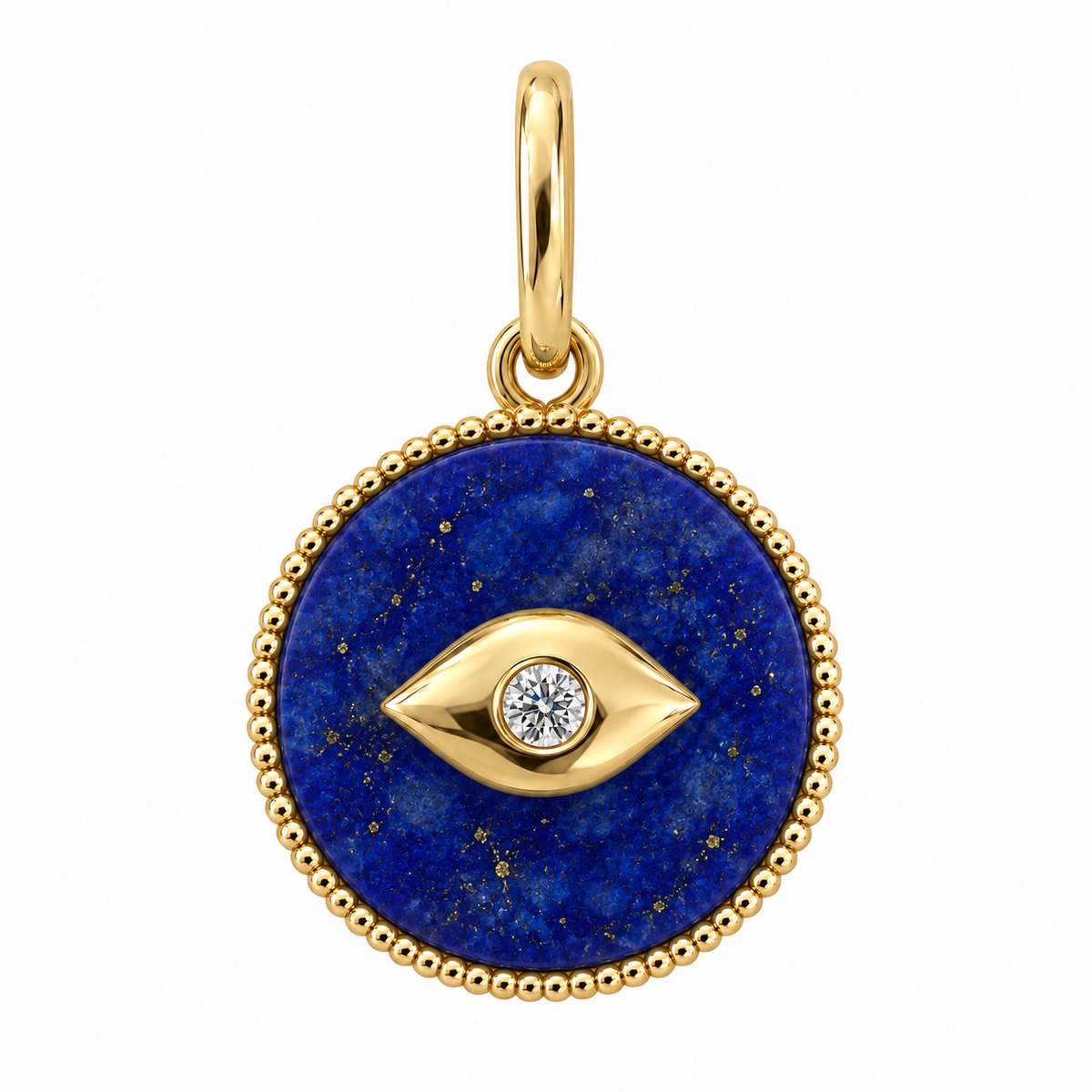 Petite evil eye lapis diamond charm in 14k yellow gold