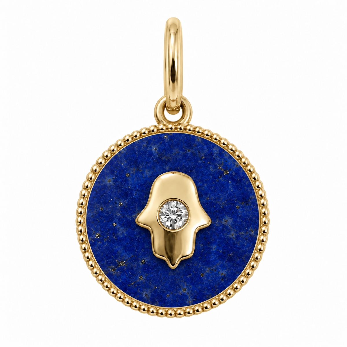 Petite Hamsa Gemstone Diamond Charm in lapis and 14k yellow gold