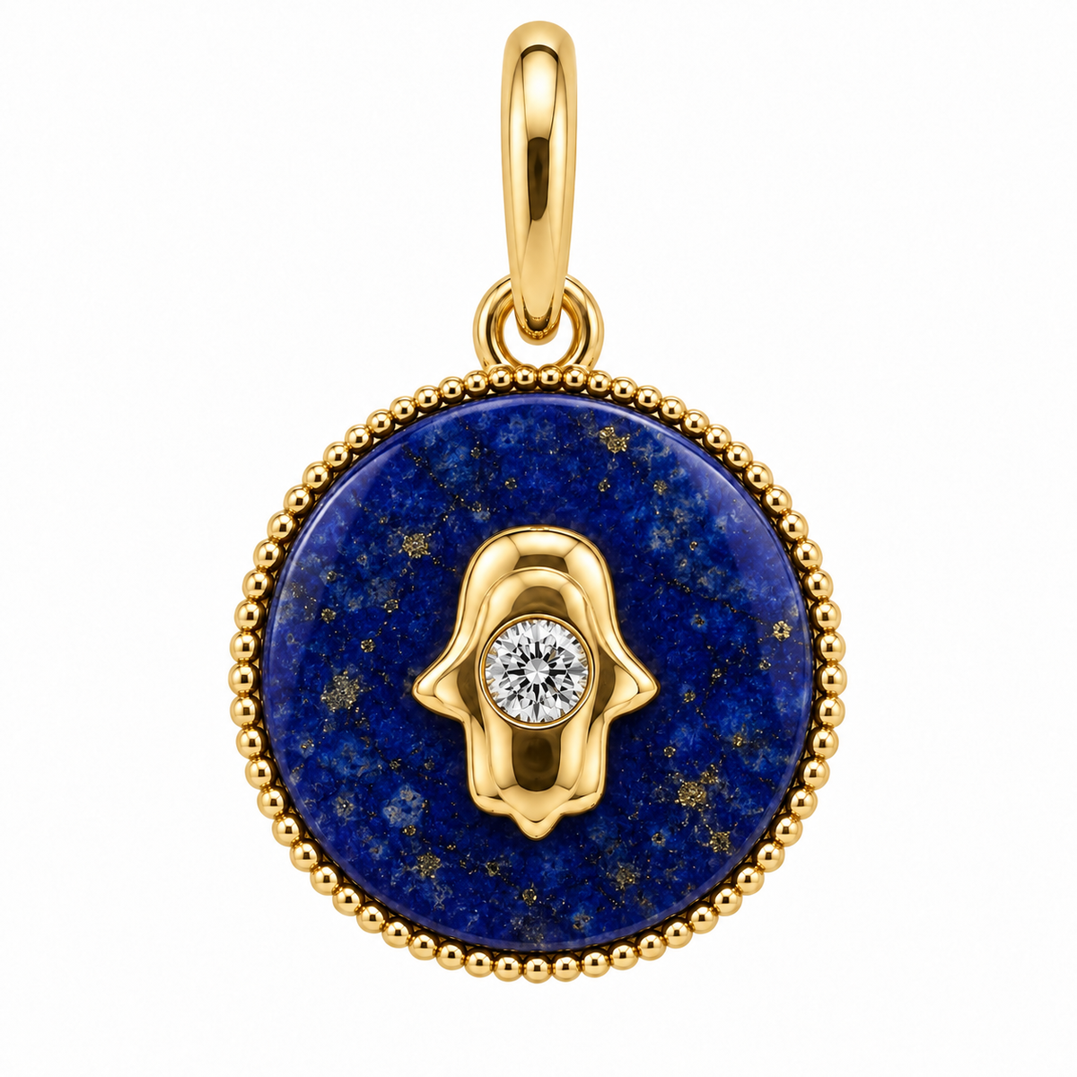 Petite Hamsa Gemstone Diamond Charm in lapis and 14k yellow gold