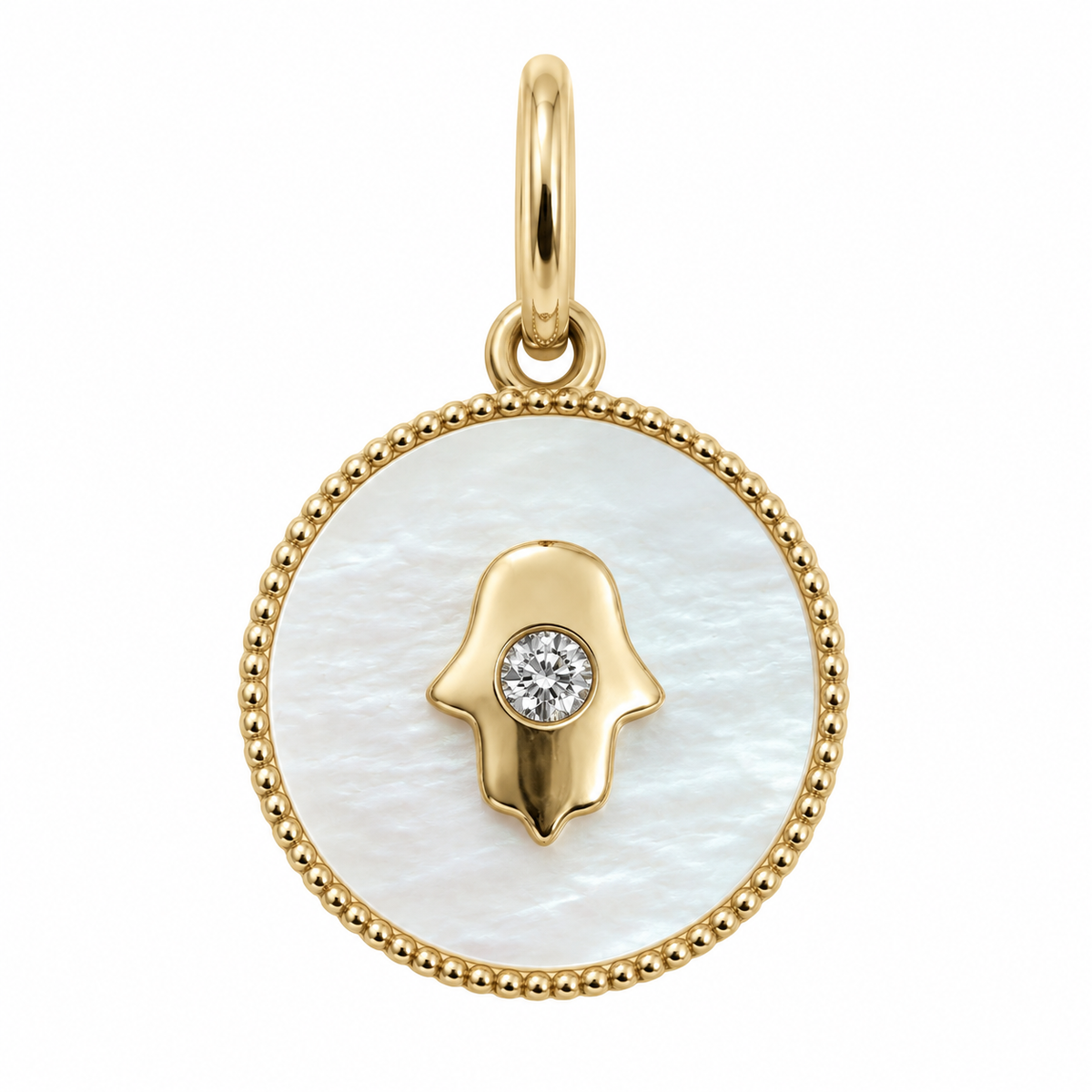 Petite Hamsa Gemstone Diamond Charm in mother of pearl and 14k yellow gold, Izakov Fine Jewelry