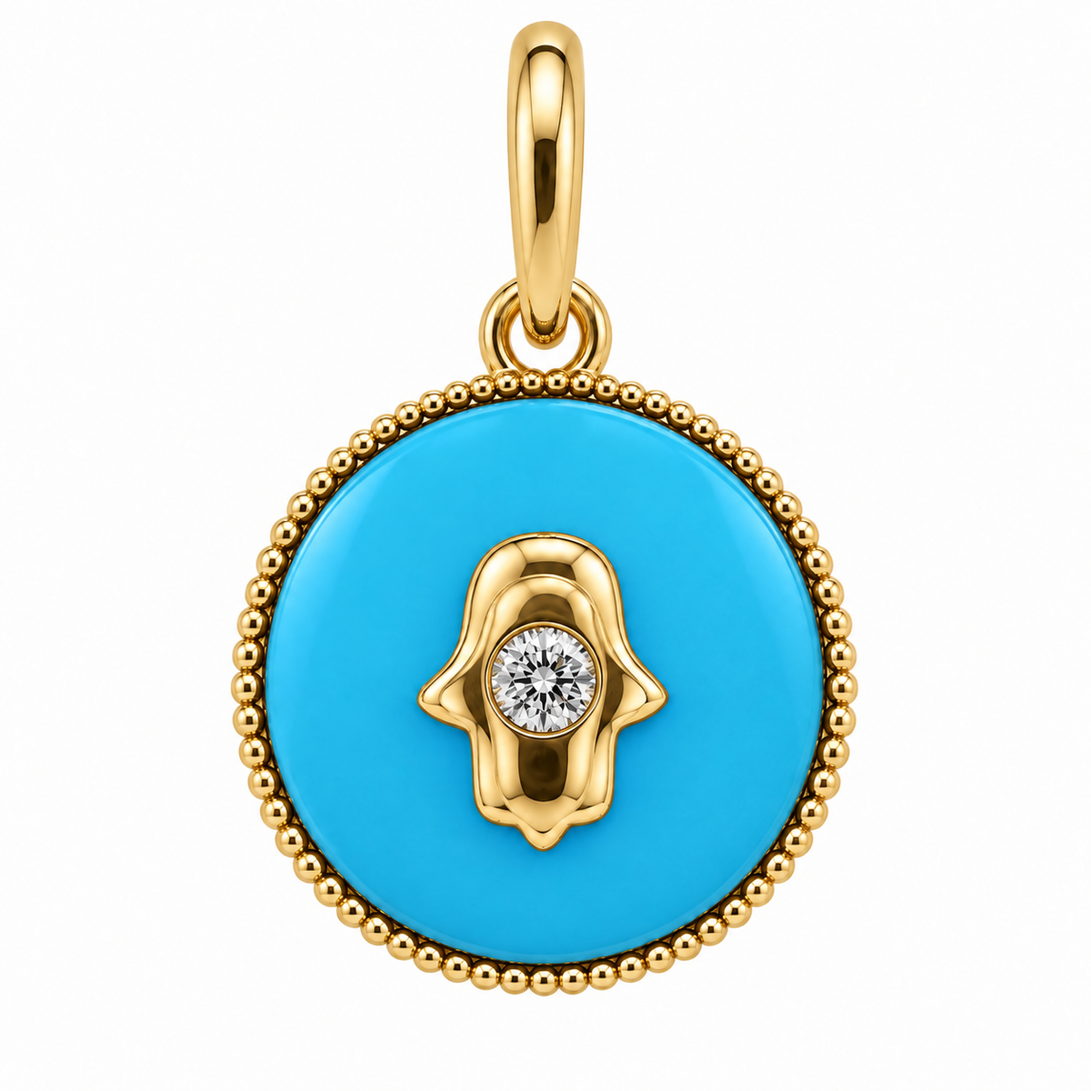 Petite Hamsa Gemstone Diamond Charm in turquoise and 14k yellow gold