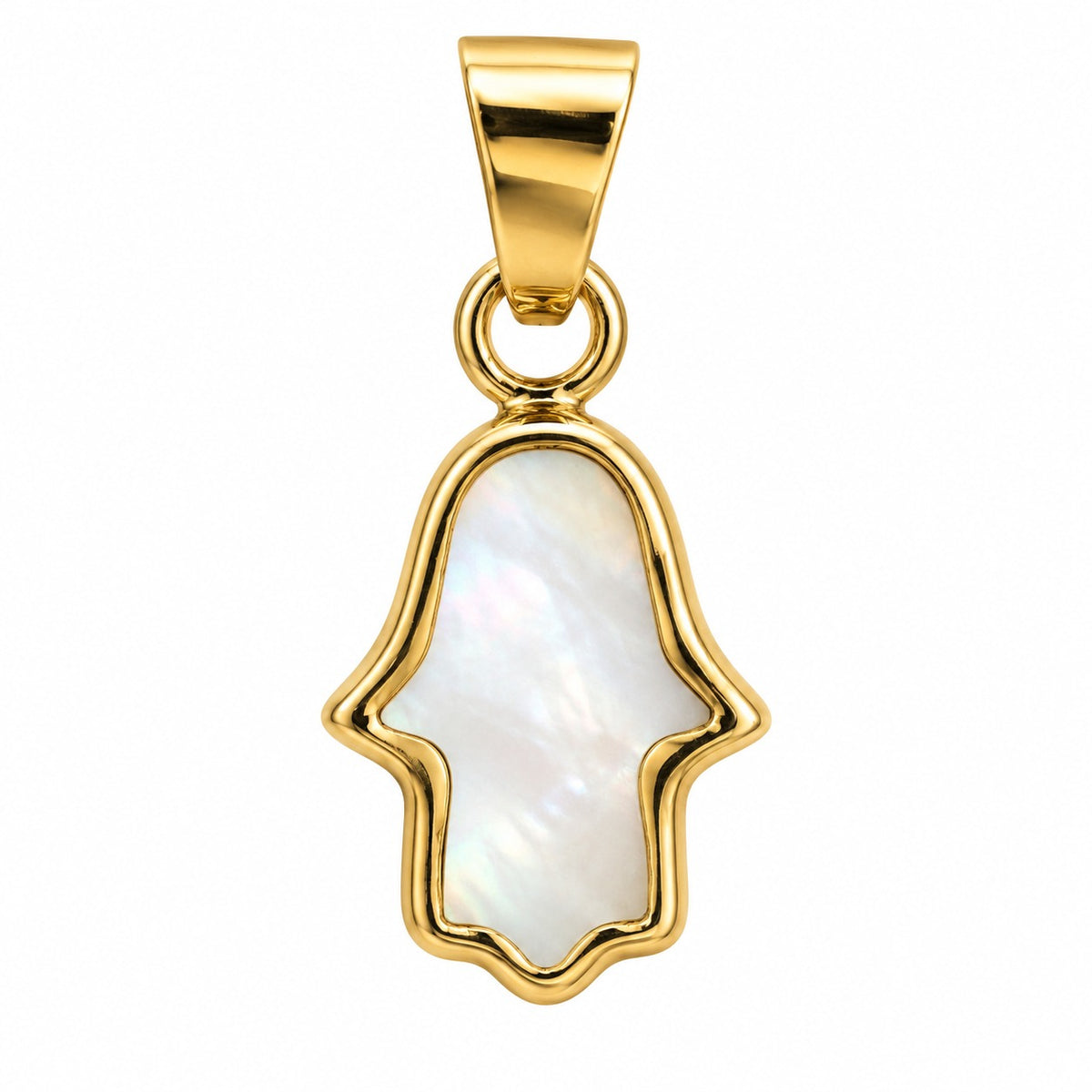 Petite reversible hamsa charm in 14k yellow gold, mother of pearl side