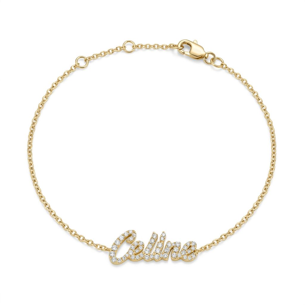 Personalized Script Nameplate Diamond Bracelet featuring a gold chain and sparkling diamond name