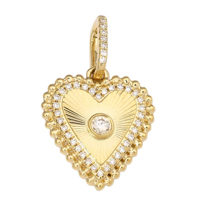 Radiating Heart Diamond Halo Necklace Charm crafted in 14k gold with sparkling diamond surround.