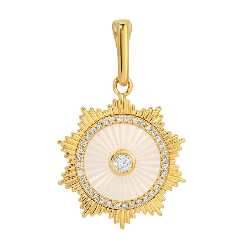 Radiating Mother of Pearl Diamond Halo Necklace Charm in 14k gold with sparkling diamond halo