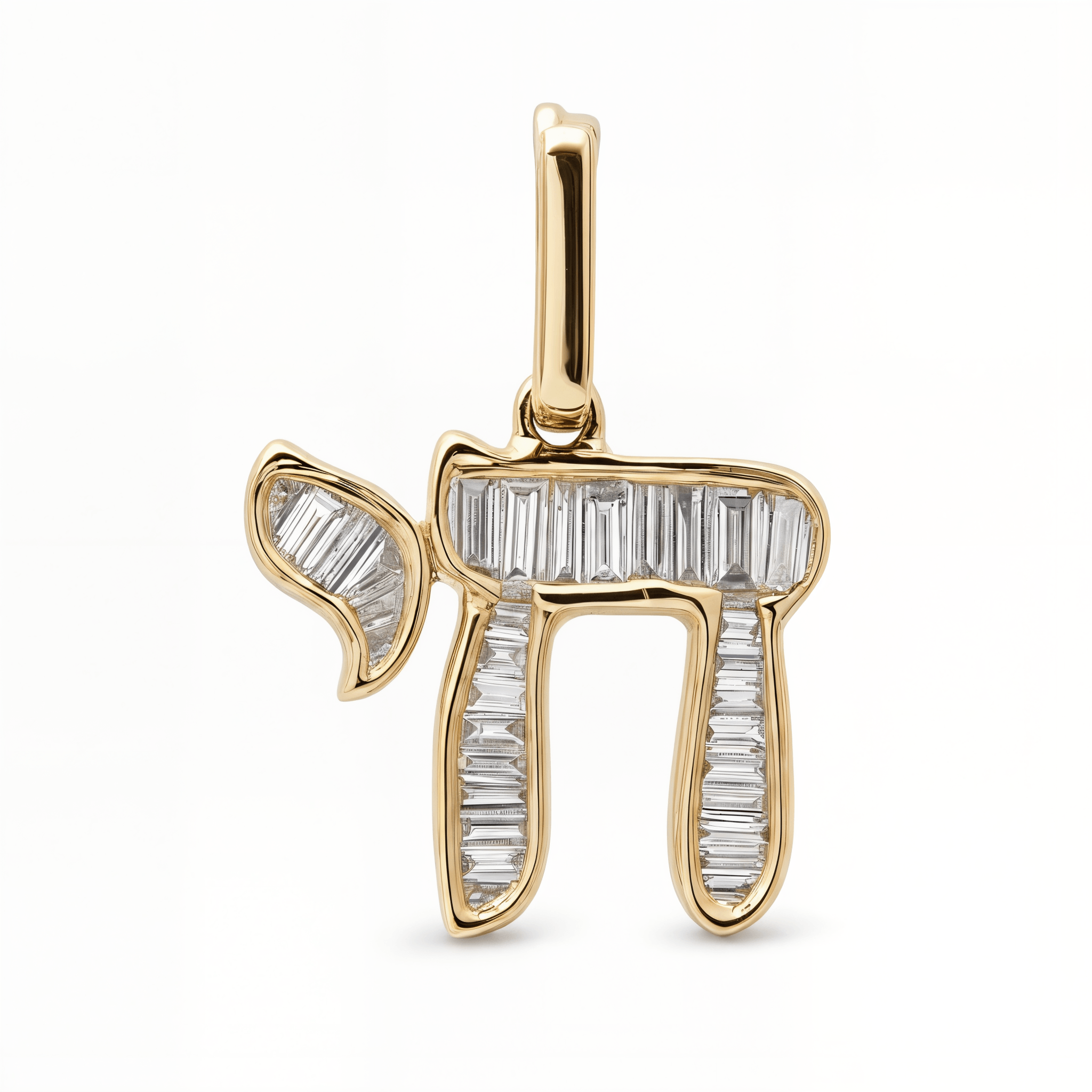 Hebrew Chai Baguette Diamond Necklace Charm in 14K gold with luminous baguette diamonds