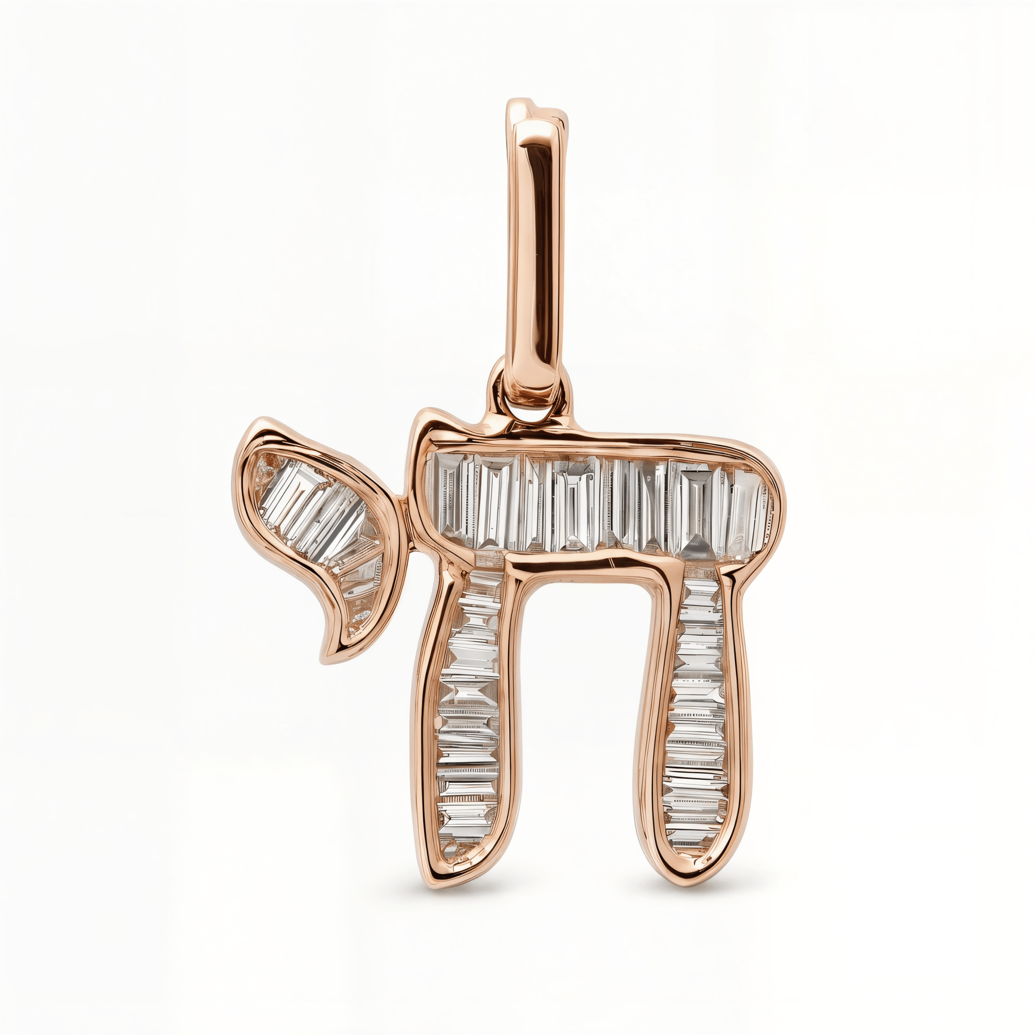 Hebrew Chai Baguette Diamond Necklace Charm featuring baguette diamonds in 14K gold.
