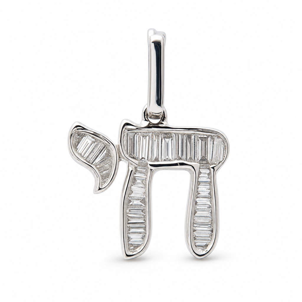Hebrew Chai Baguette Diamond Necklace Charm in 14K gold with baguette diamonds