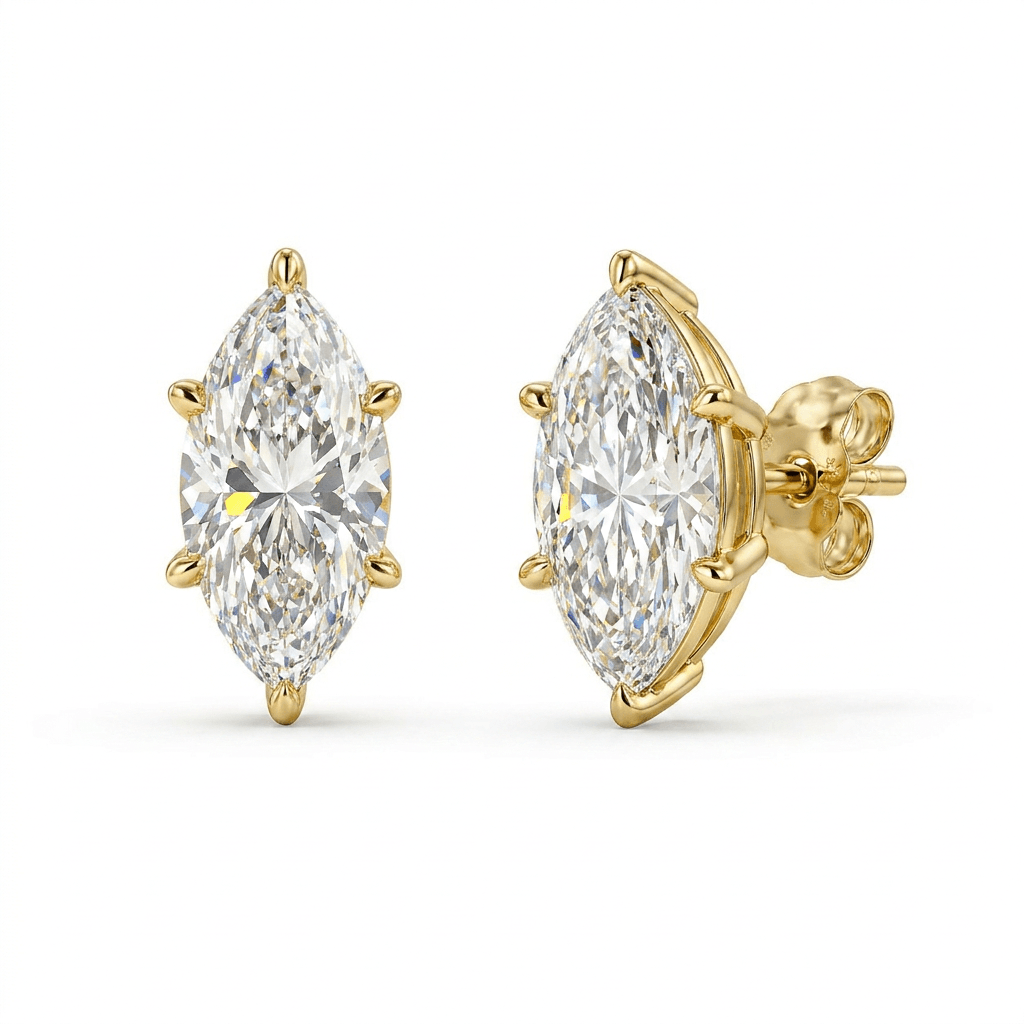Lab-Grown Marquise Cut Diamond Stud Earrings in 14k gold setting, showcasing elegant geometric design.