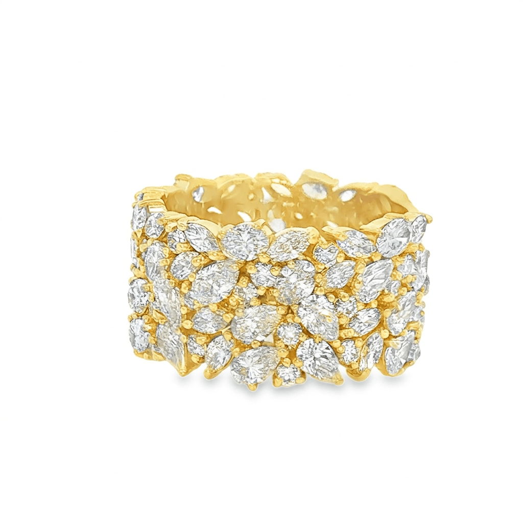 Multi Shape Lab Diamond Cluster Ring featuring marquise and round diamonds in a gold band, showcasing organic brilliance.