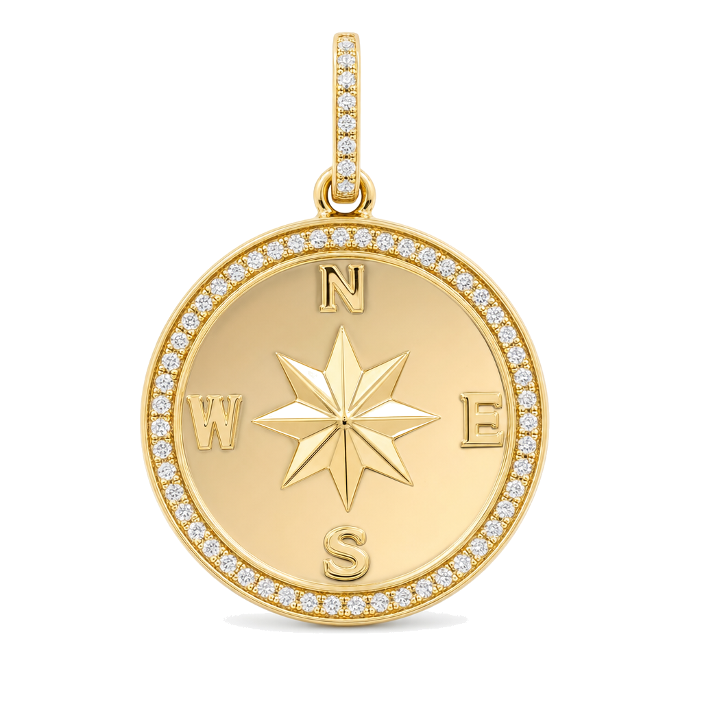 Diamond Halo Compass Coin Necklace Charm, diamond, Izakov Fine Jewelry