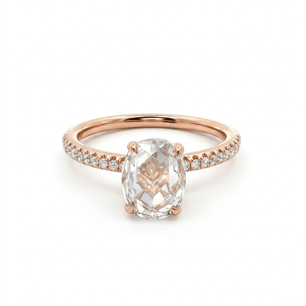 Rose Cut Oval Diamond Pave Engagement Ring set in 18k rose gold with accent diamonds on the band.