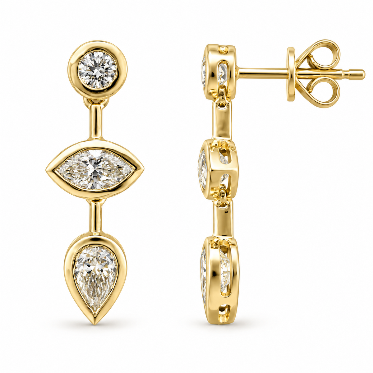 Round, Marquise and Pear Diamond Bezel Drop Earrings in 14K Gold