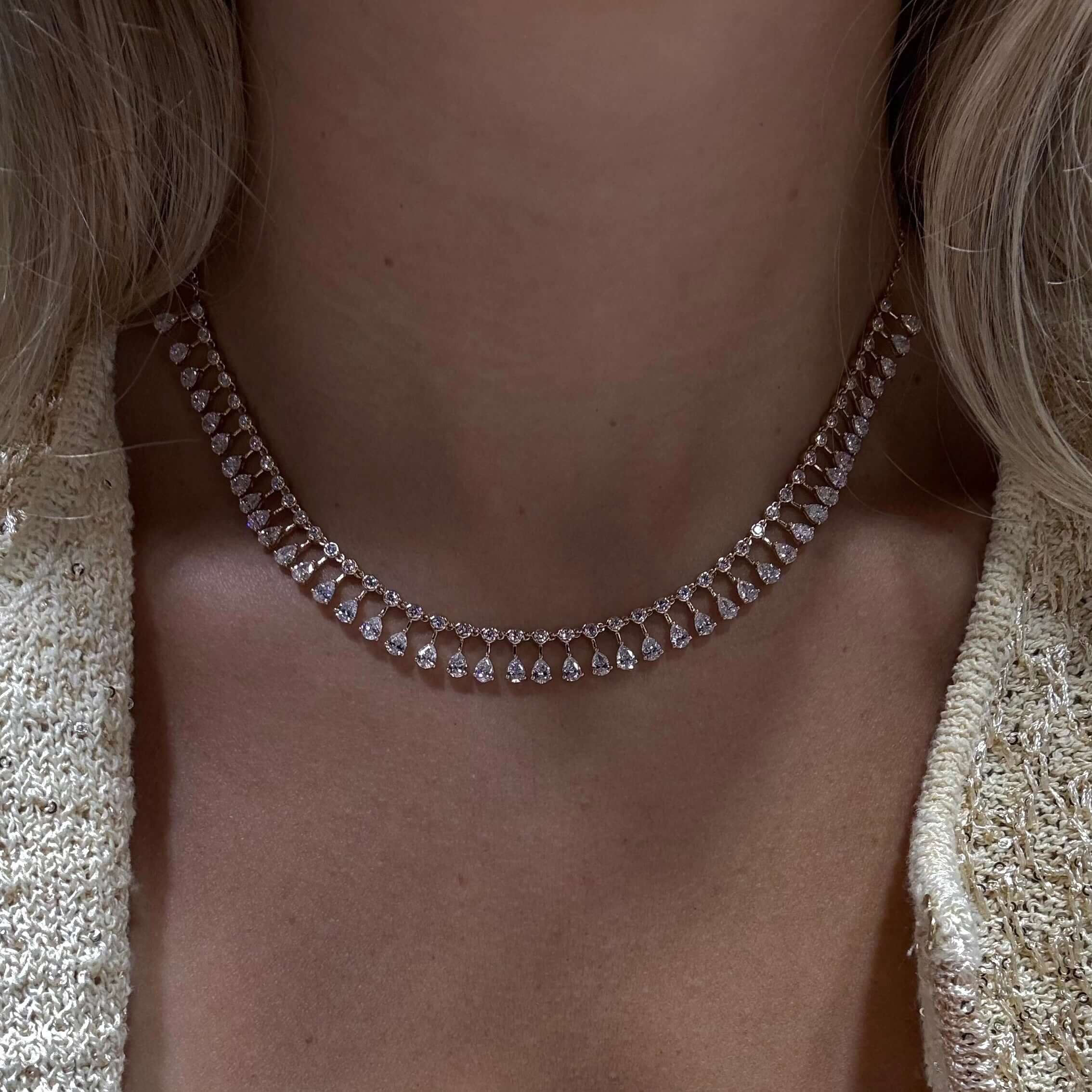 Round & Pear Lab Diamond Shaker Necklace featuring shimmering lab diamonds in a stunning arrangement.