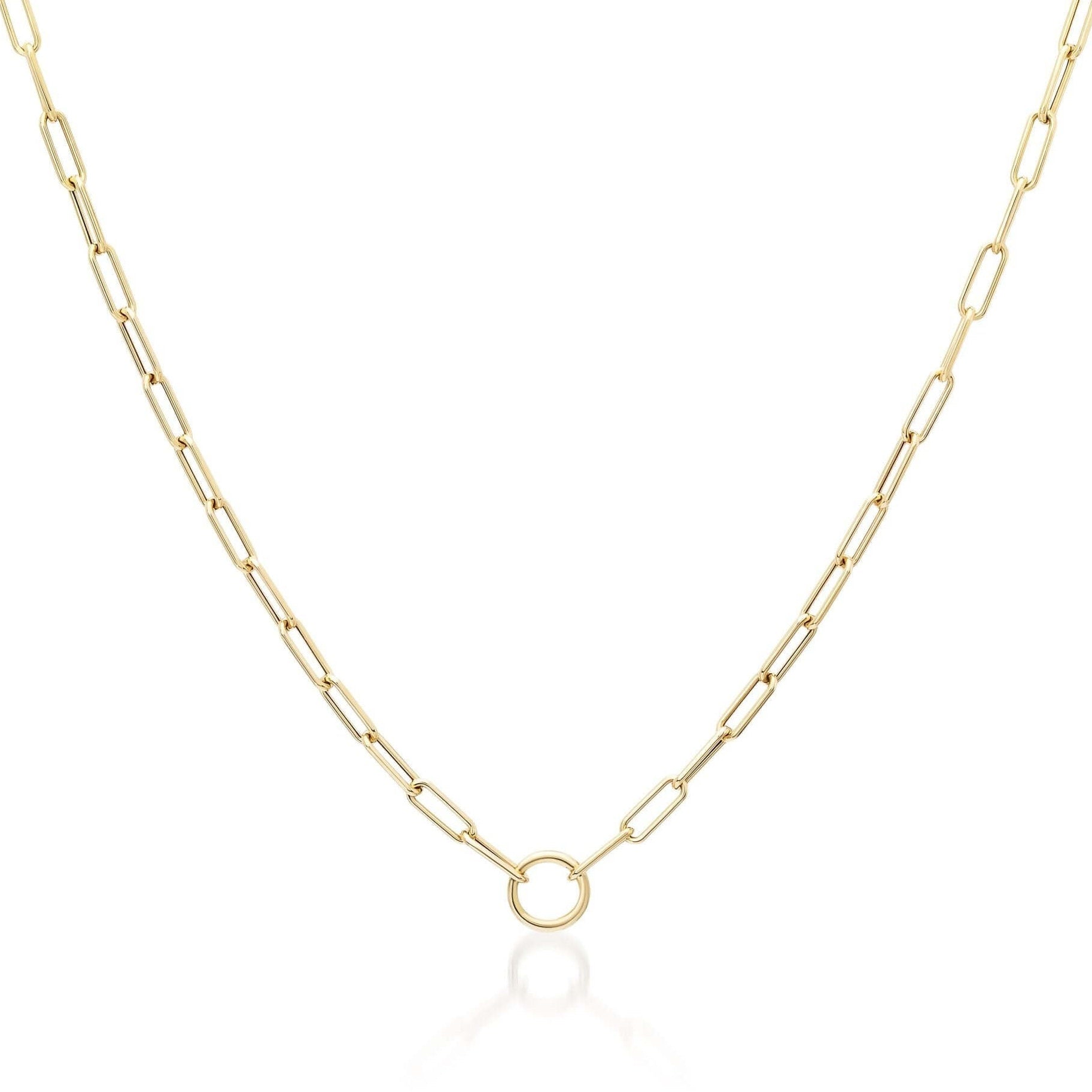 Rounded Paper Clip Charm Enhancer Gold Necklace featuring smooth rounded links in 14K gold.