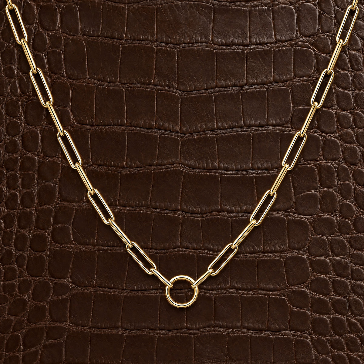 Rounded Paper Clip Charm Enhancer Gold Necklace in 14K yellow gold, styled, Izakov Fine Jewelry