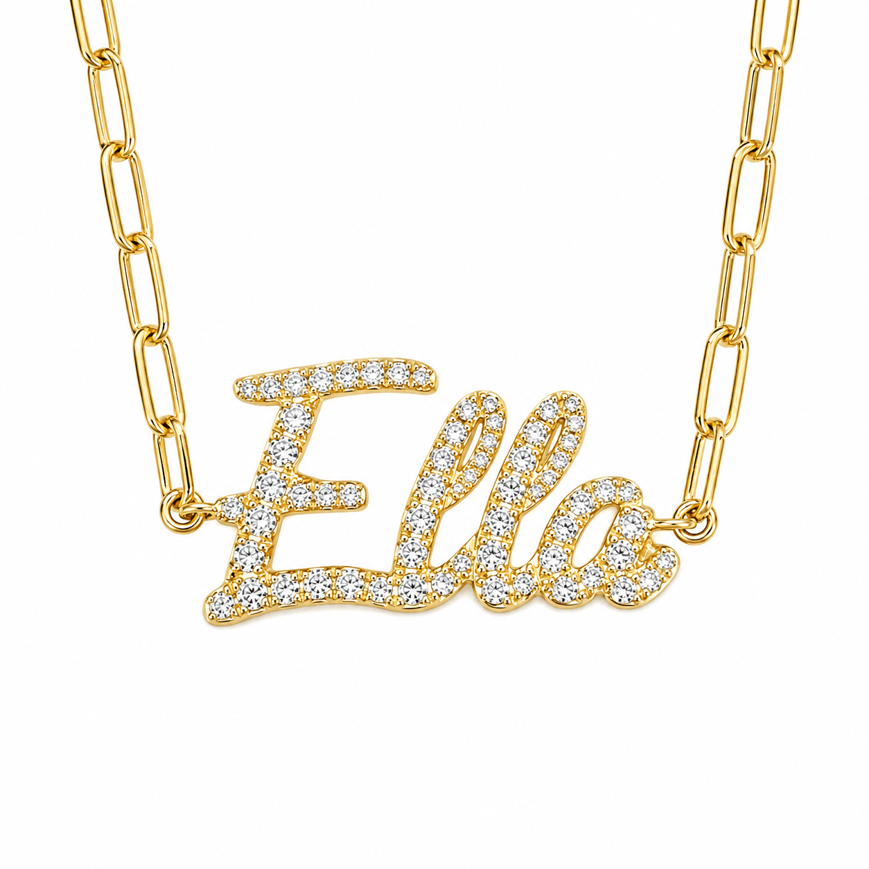 Personalized Script Nameplate Diamond Necklace in gold featuring the name Ella, adorned with sparkling natural diamonds.