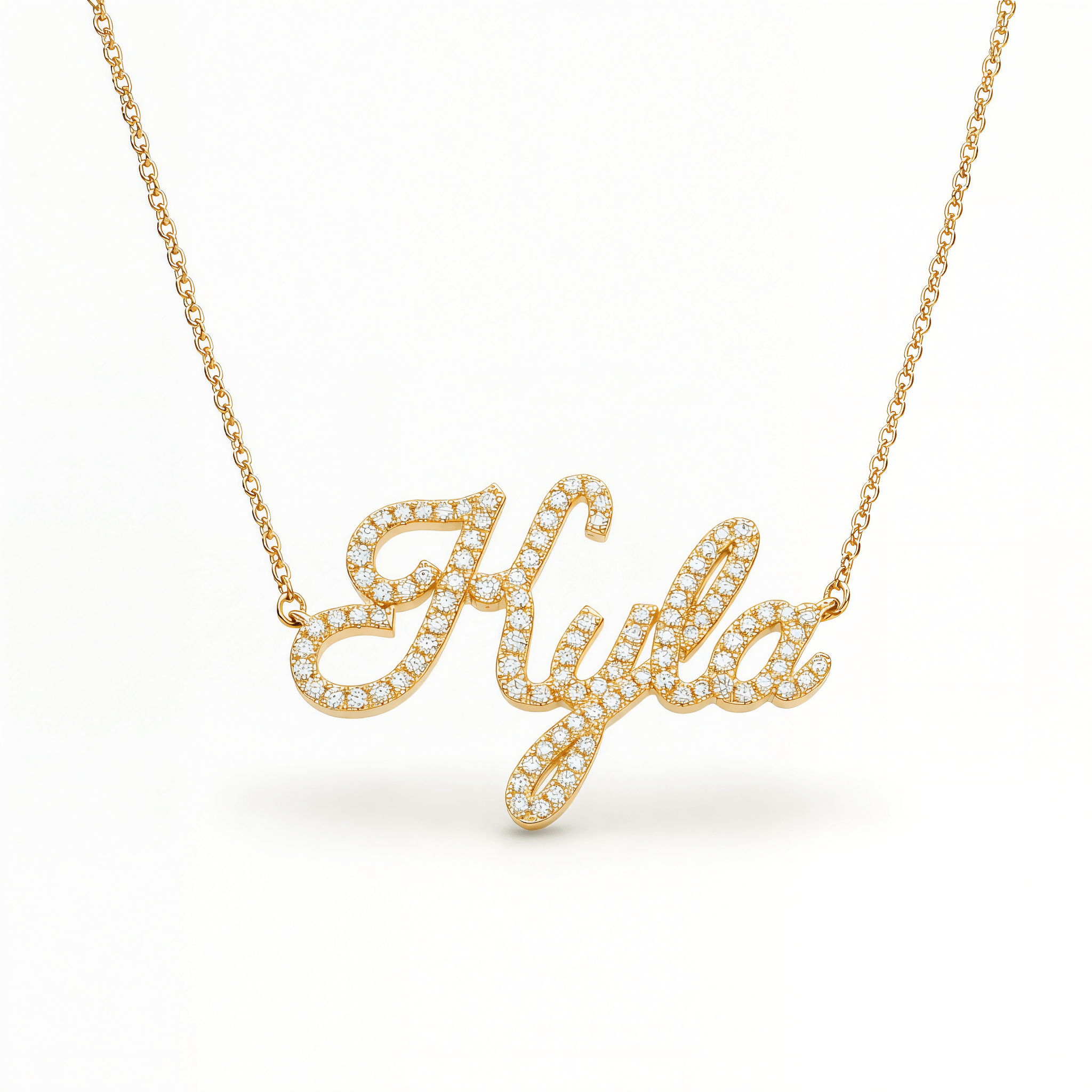 Personalized Script Nameplate Diamond Necklace featuring the name Kyla in sparkly diamonds.