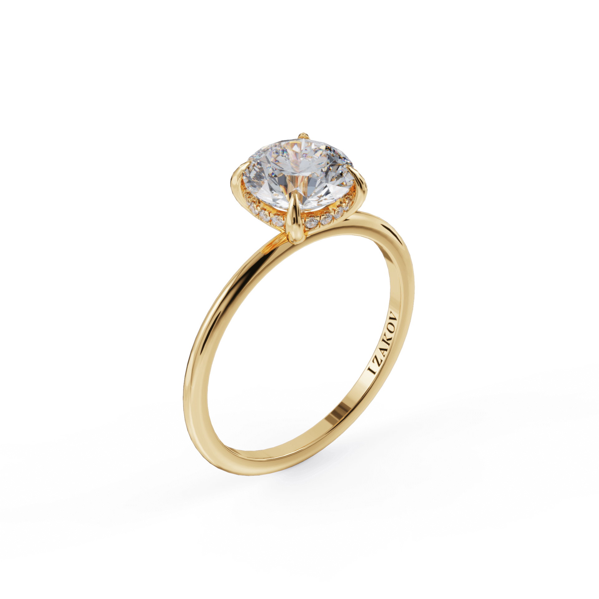Elegant gold engagement ring with a round solitaire diamond and pavé detailing designed by our jewelry brand.