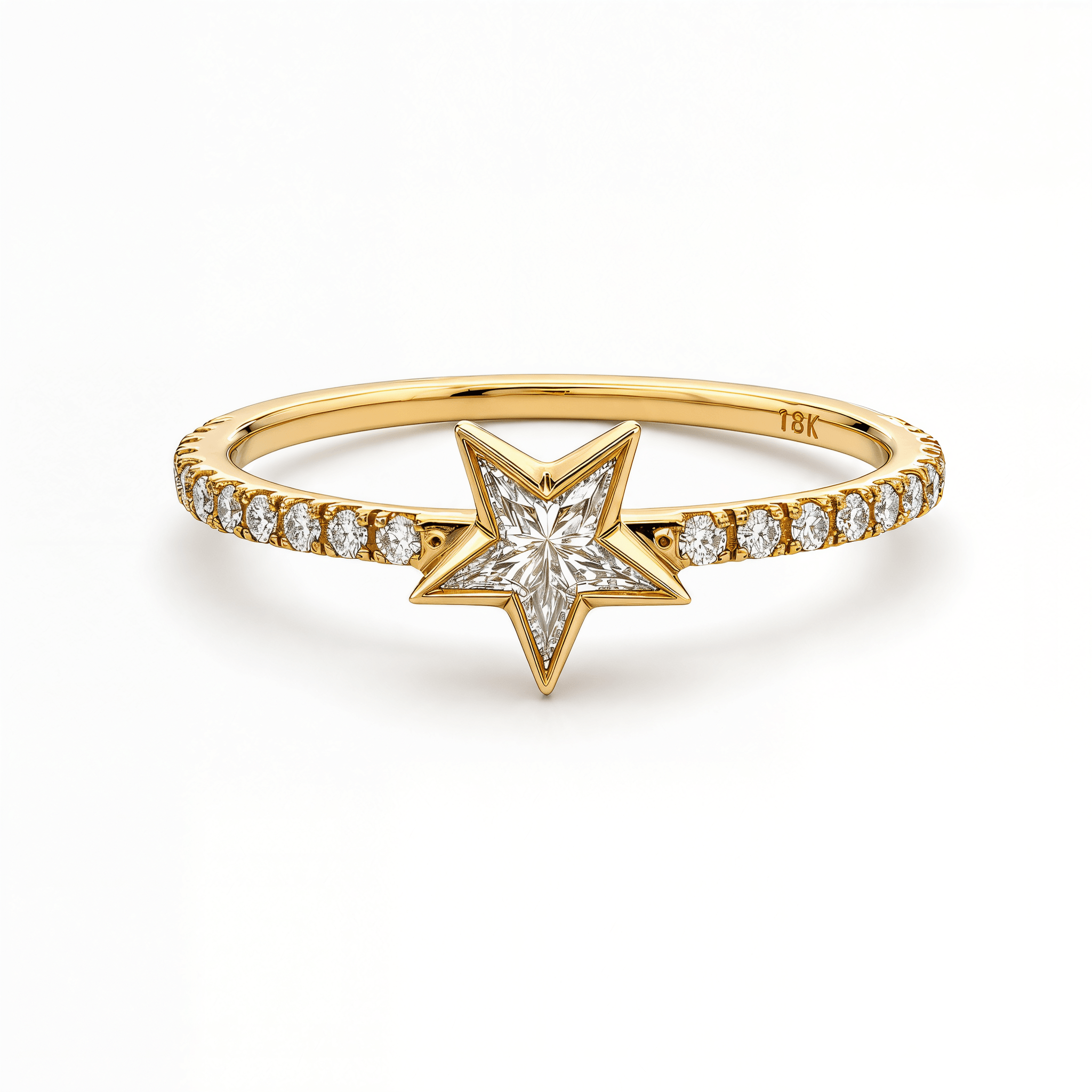 Solid Natural Star Shaped Diamond Cocktail Ring featuring a star-shaped diamond and pave-set diamonds on a gold band.