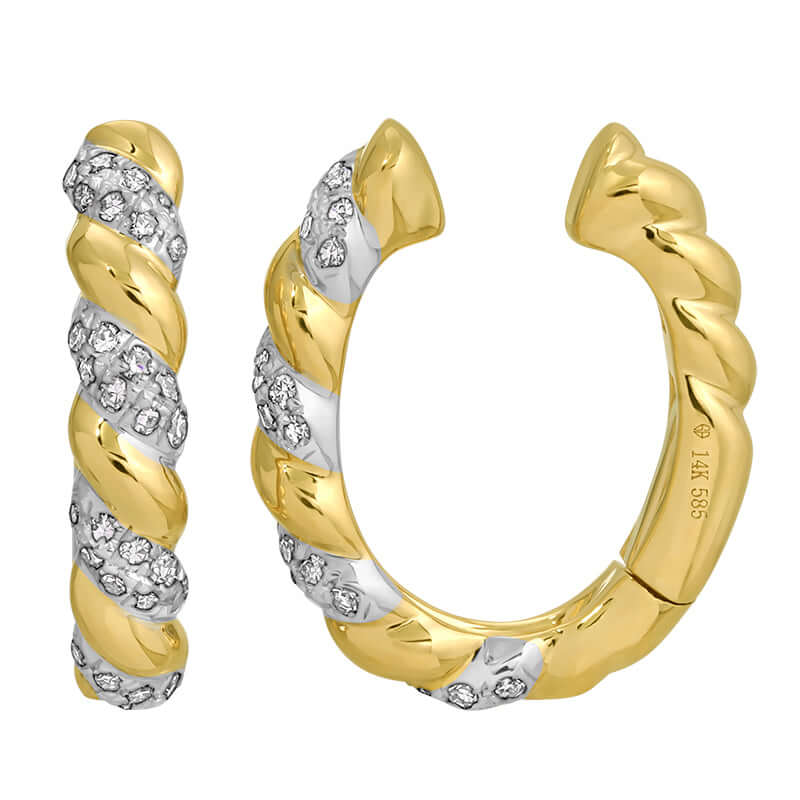 Twist Diamond Ear Cuff featuring 14K gold with micro pavé diamonds and rhodium plating for an elegant look.