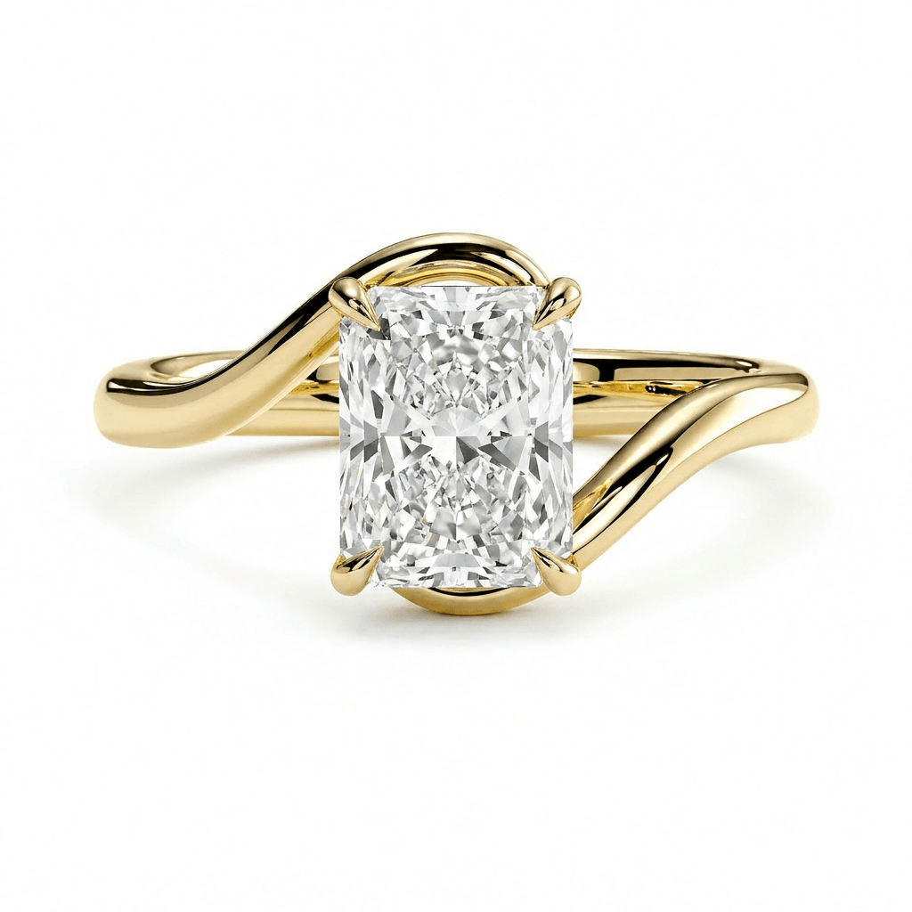 Embrace Lab Diamond Engagement Ring with a sculptural design and a radiant center diamond, featuring a sleek gold band.