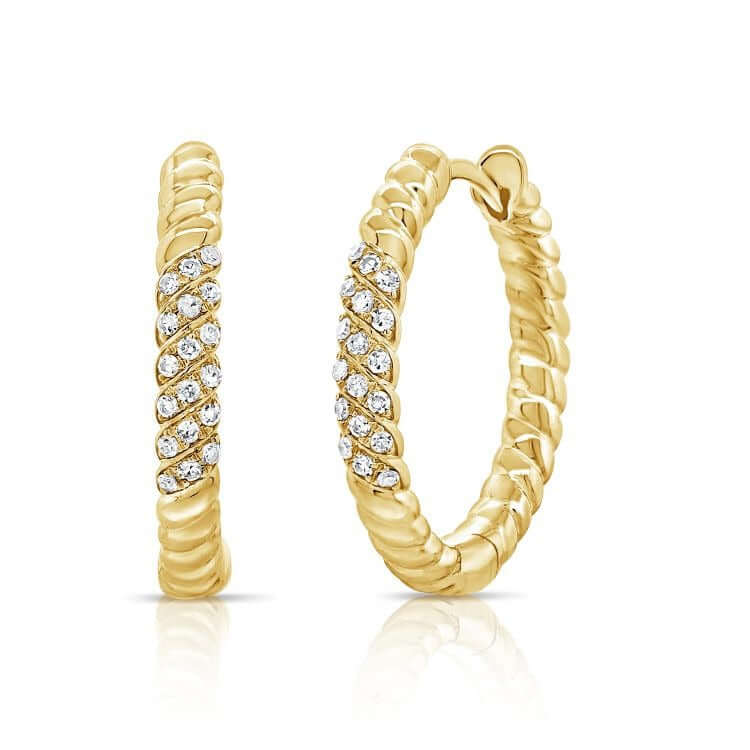 Twisted Diamond Micro Pave Hoop Earrings in 14k gold with a twisted design and micro pavé diamonds.