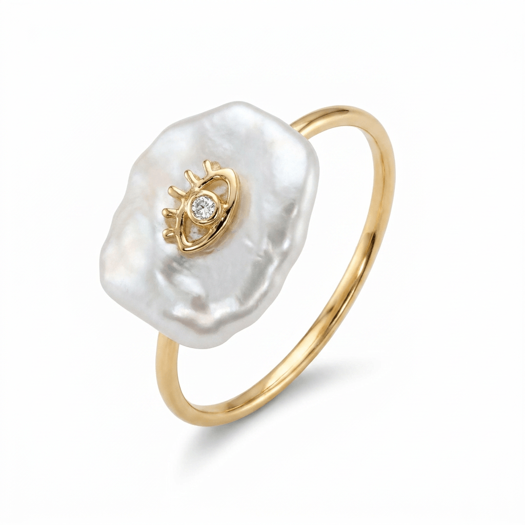 Flat Pearl Diamond Accented Evil Eye Ring featuring a luminous pearl and diamond accent for modern protection.