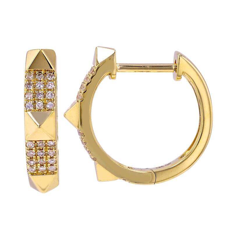 Gold hoop earrings with diamond accents and pyramid studs from our luxury jewelry collection