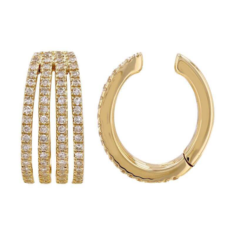 Diamond-studded gold hoop earrings with a unique triple bar design from our luxury jewelry collection.