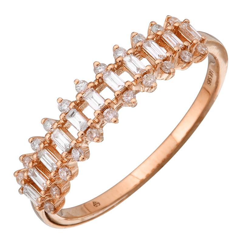Rose gold diamond ring with baguette and round cut gemstones from our luxury jewelry collection.